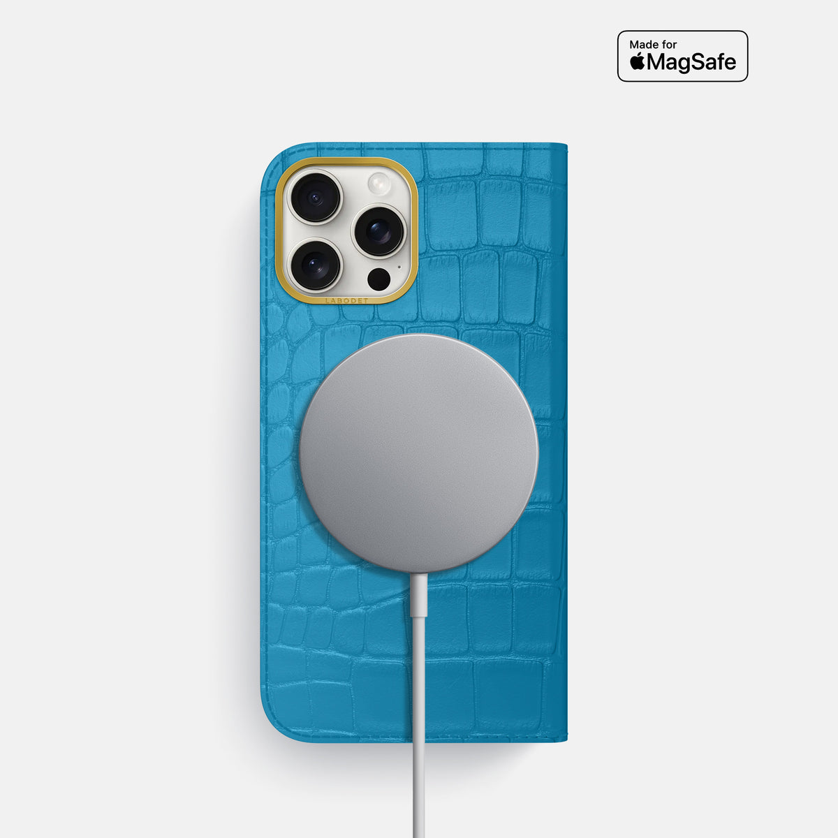 Curaçao-Blue iPhone 16 Pro Folio Case In Alligator with Gold Metal -3 | Curaçao-Blue-Gold
