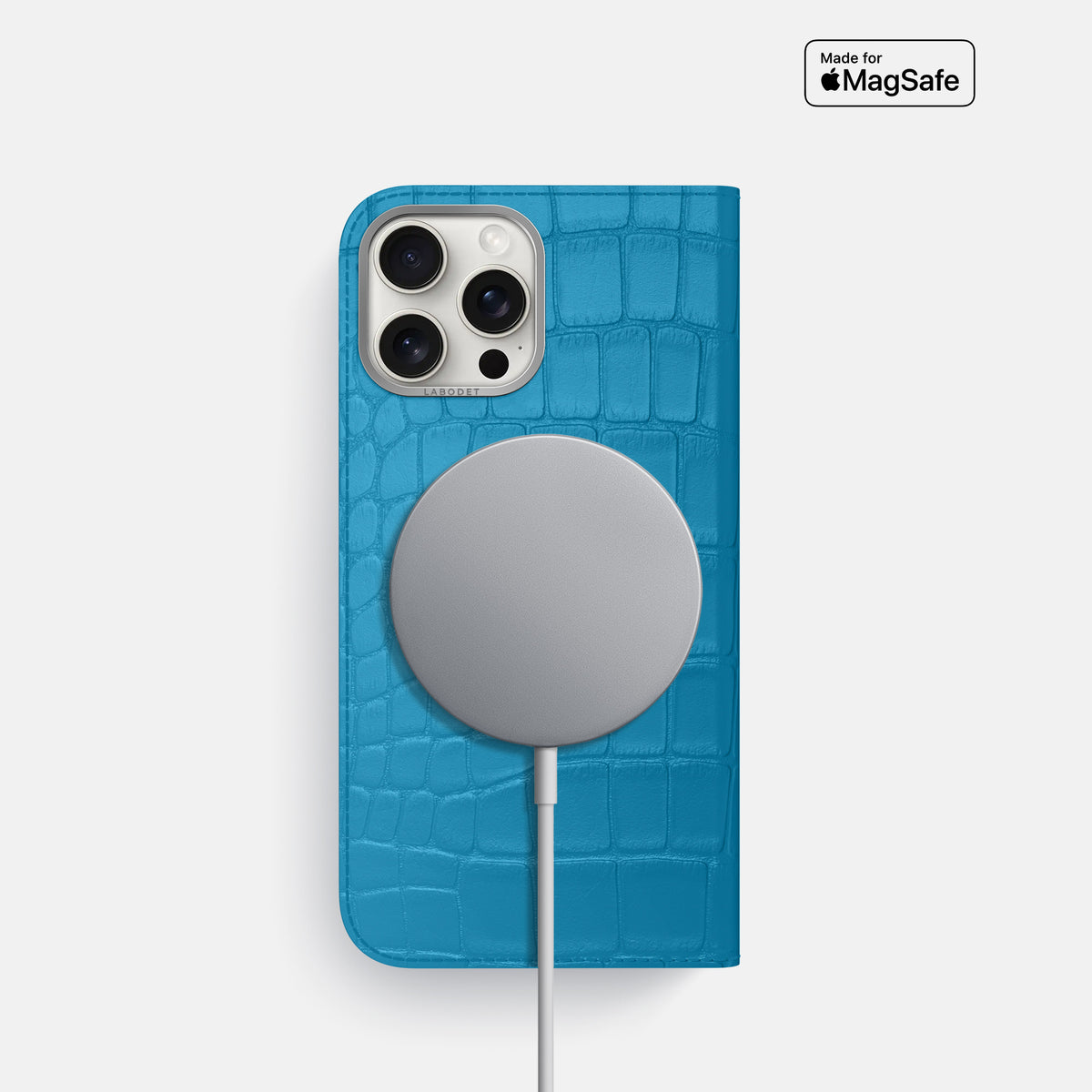 Curaçao-Blue iPhone 16 Pro Folio Case Alligator with Steel Metal -3 | Curaçao-Blue-Steel