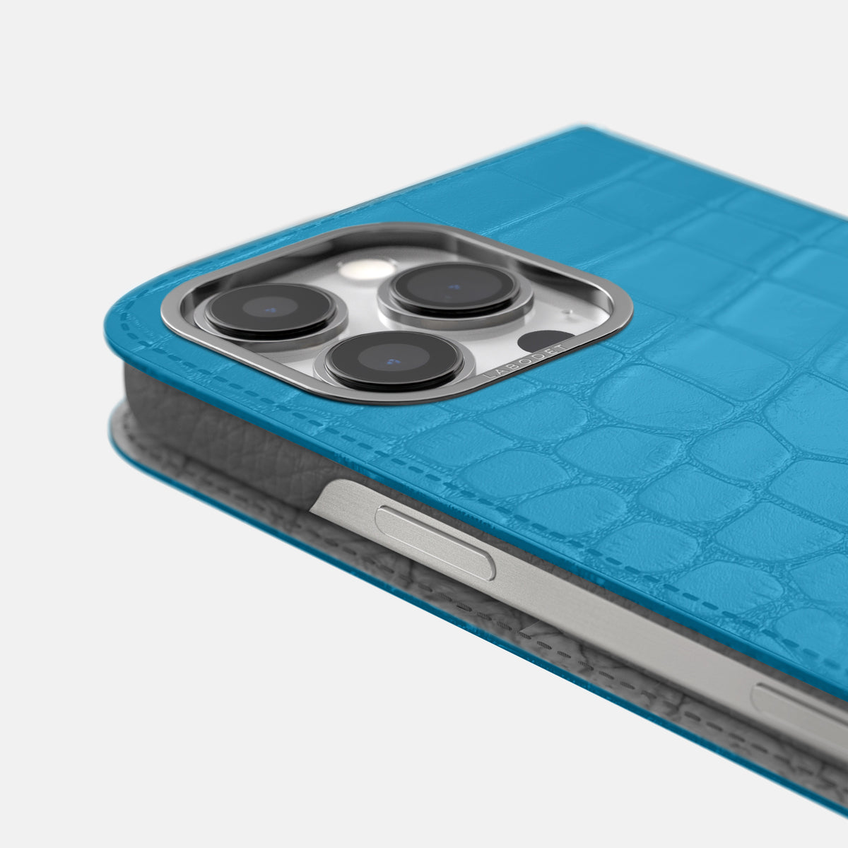 Curaçao-Blue iPhone 16 Pro Folio Case Alligator with Steel Metal -5 | Curaçao-Blue-Steel