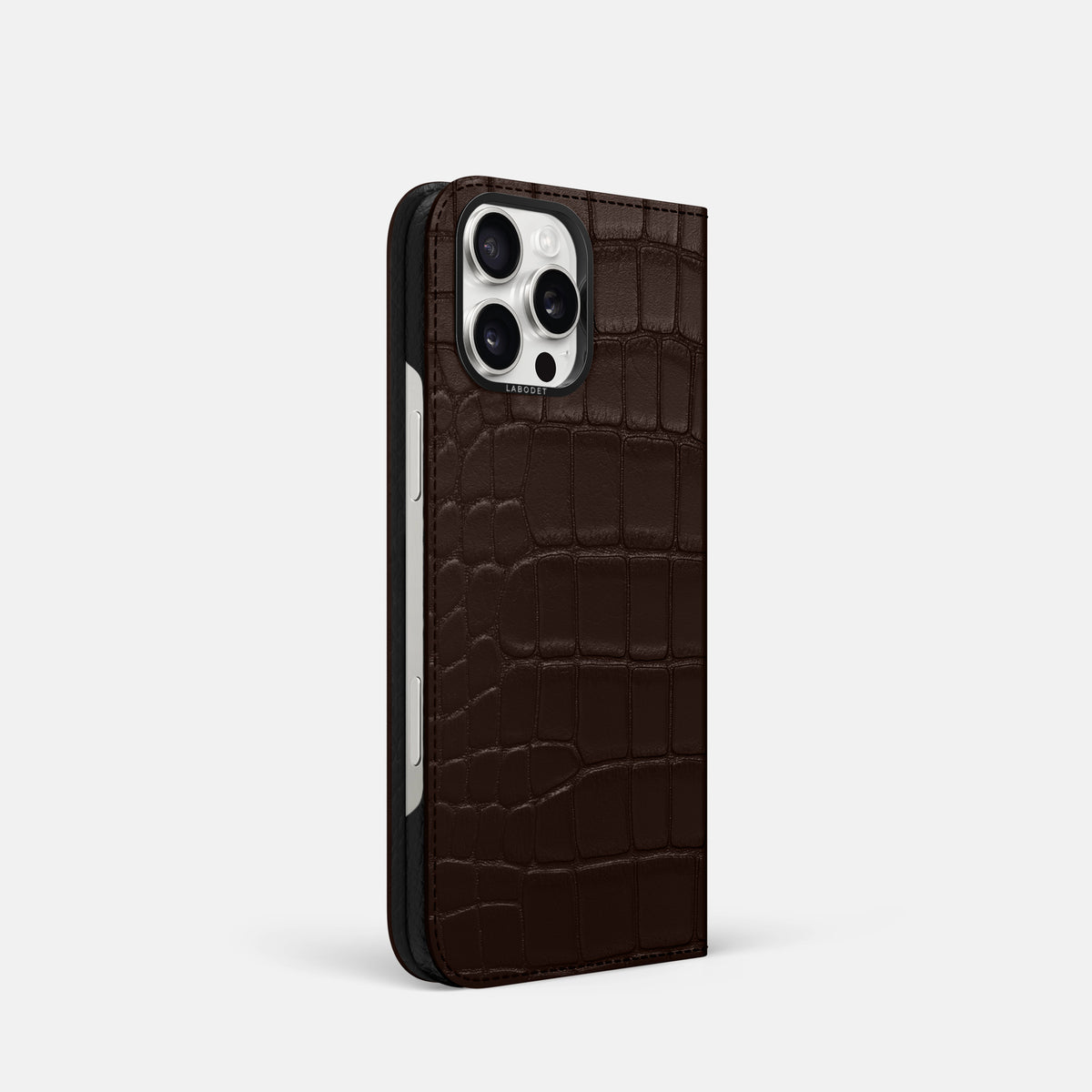 Dark-Brown iPhone 16 Pro Folio Case Alligator with Black Metal -1 | Dark-Brown-Black