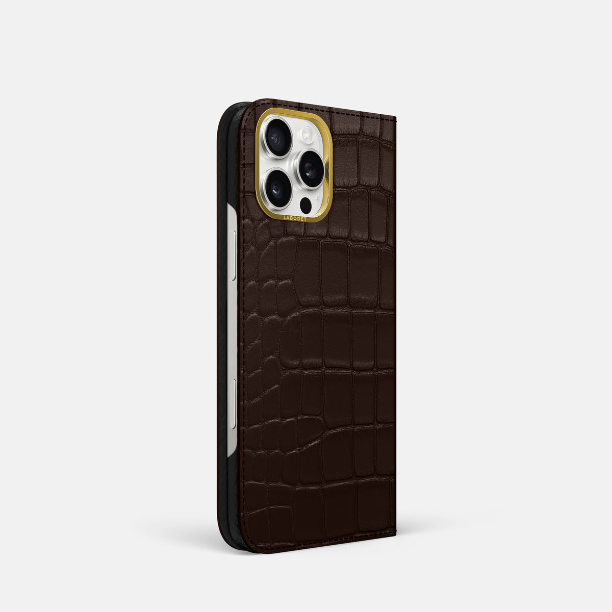 Dark-Brown iPhone 16 Pro Folio Case In Alligator with Gold Metal -1 | Dark-Brown-Gold
