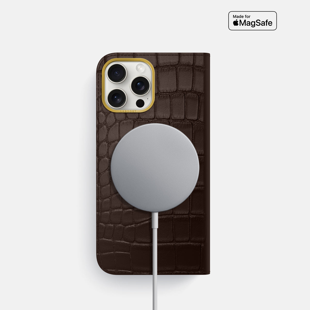 Dark-Brown iPhone 16 Pro Folio Case In Alligator with Gold Metal -3 | Dark-Brown-Gold