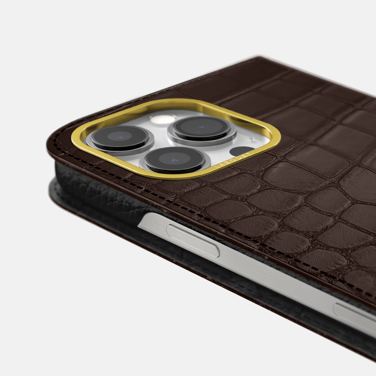 Dark-Brown iPhone 16 Pro Folio Case In Alligator with Gold Metal -5 | Dark-Brown-Gold