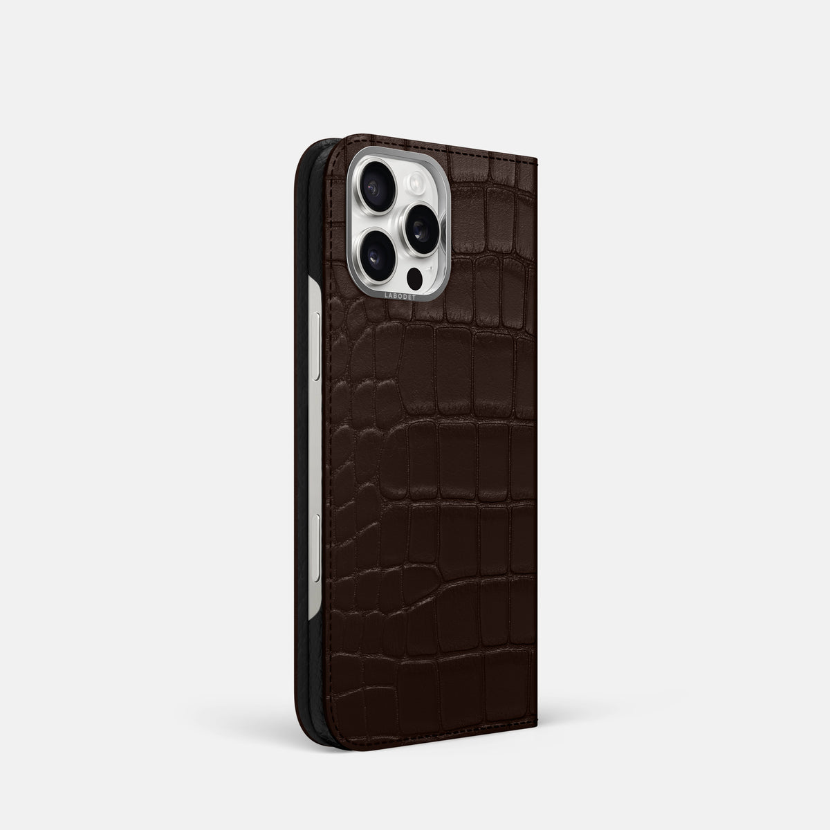 Dark-Brown iPhone 16 Pro Folio Case Alligator with Steel Metal -1 | Dark-Brown-Steel