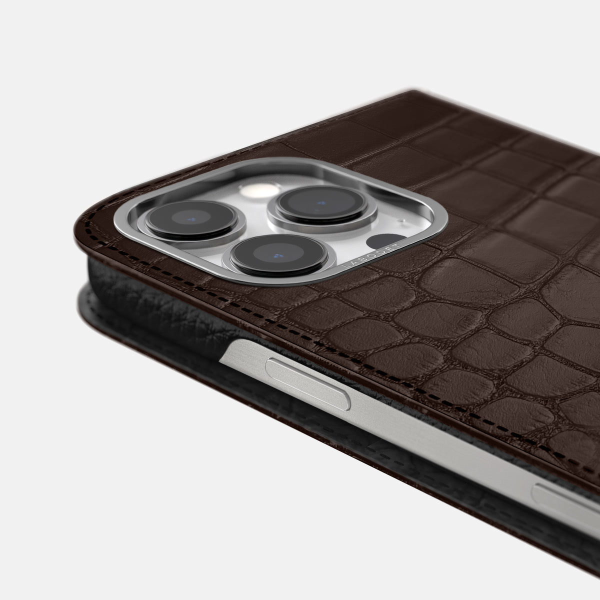 Dark-Brown iPhone 16 Pro Folio Case Alligator with Steel Metal -5 | Dark-Brown-Steel