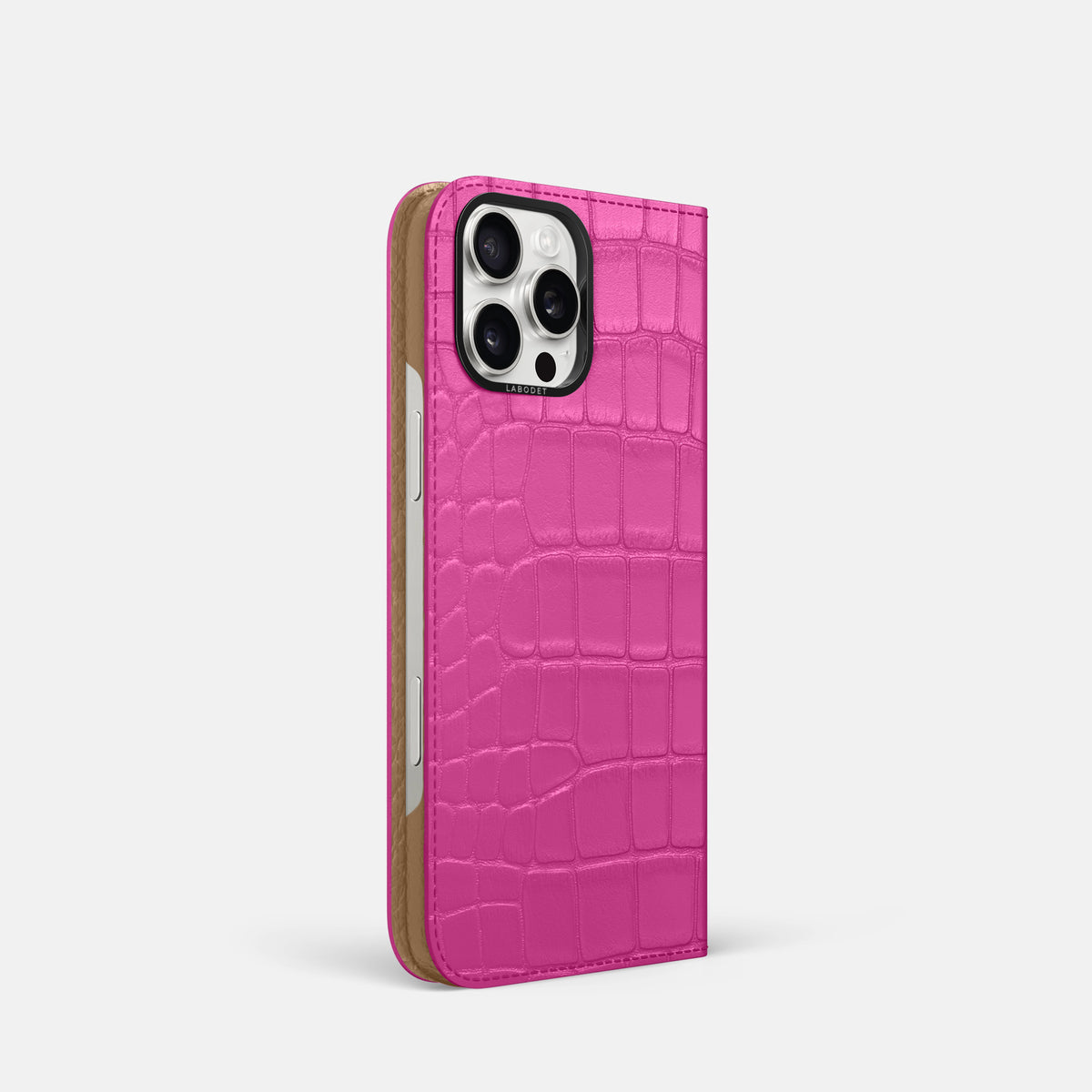 Fuchsia iPhone 16 Pro Folio Case Alligator with Black Metal -1 | Fuchsia-Black