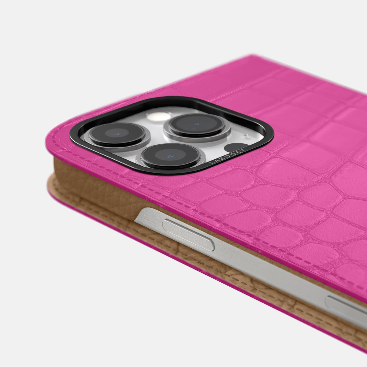 Fuchsia iPhone 16 Pro Folio Case Alligator with Black Metal -5 | Fuchsia-Black