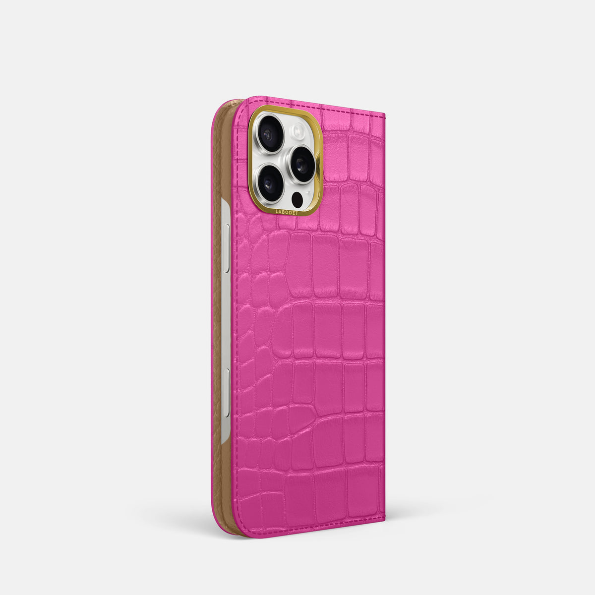 Fuchsia iPhone 16 Pro Folio Case In Alligator with Gold Metal -1 | Fuchsia-Gold