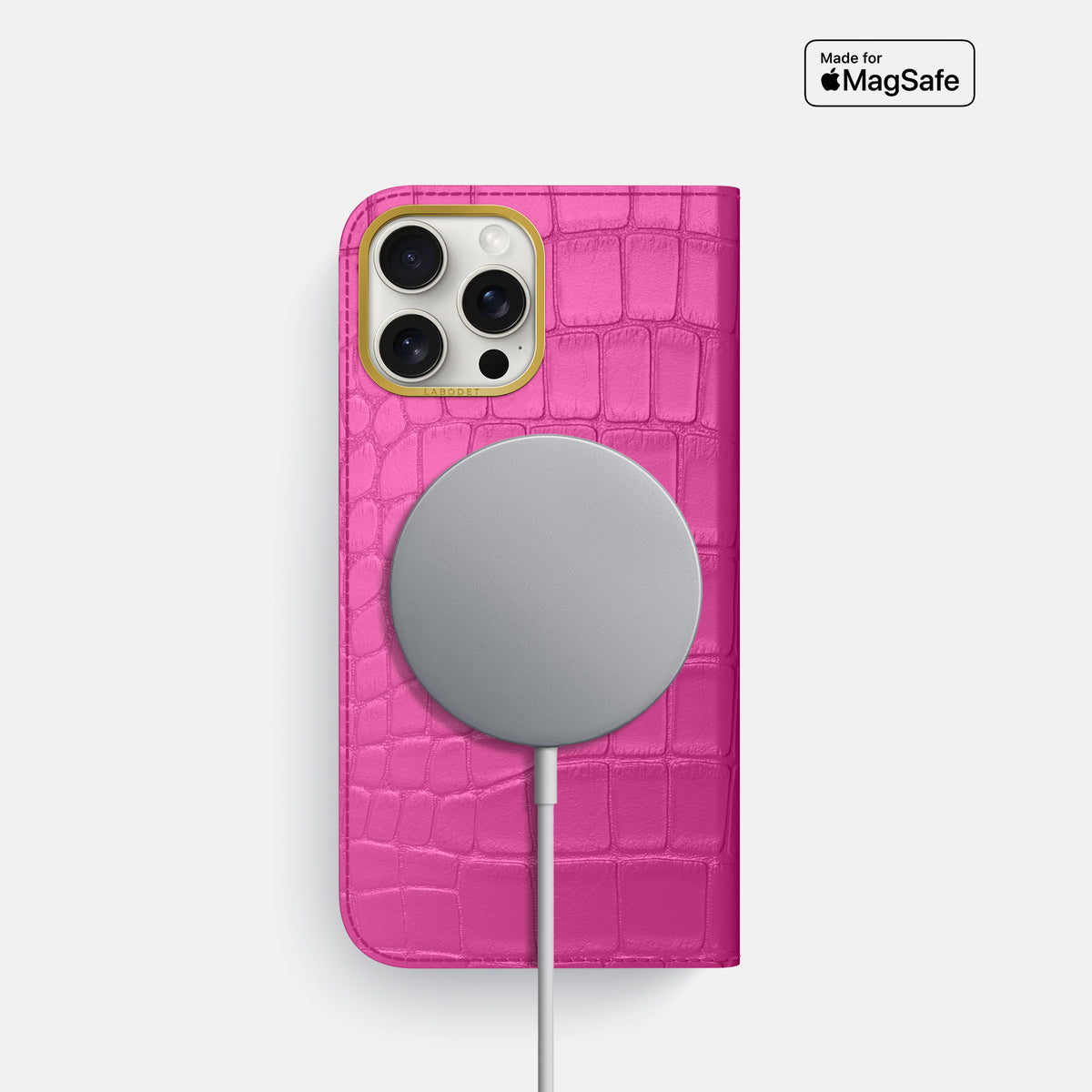 Fuchsia iPhone 16 Pro Folio Case In Alligator with Gold Metal -3 | Fuchsia-Gold
