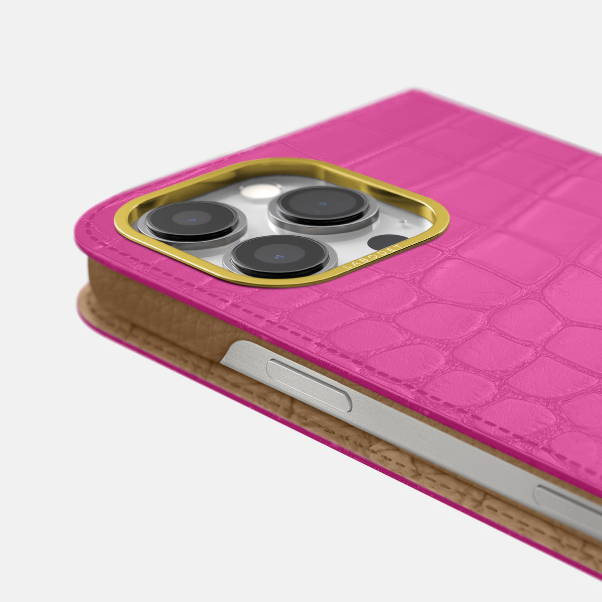Fuchsia iPhone 16 Pro Folio Case In Alligator with Gold Metal -5 | Fuchsia-Gold