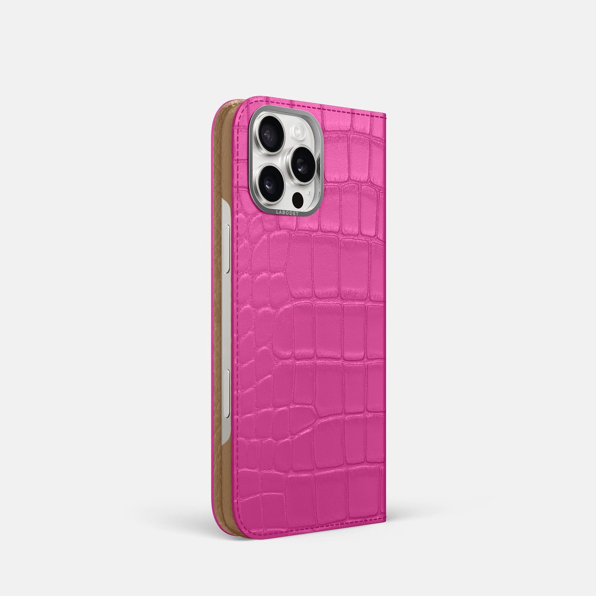 Fuchsia iPhone 16 Pro Folio Case Alligator with Steel Metal -1 | Fuchsia-Steel