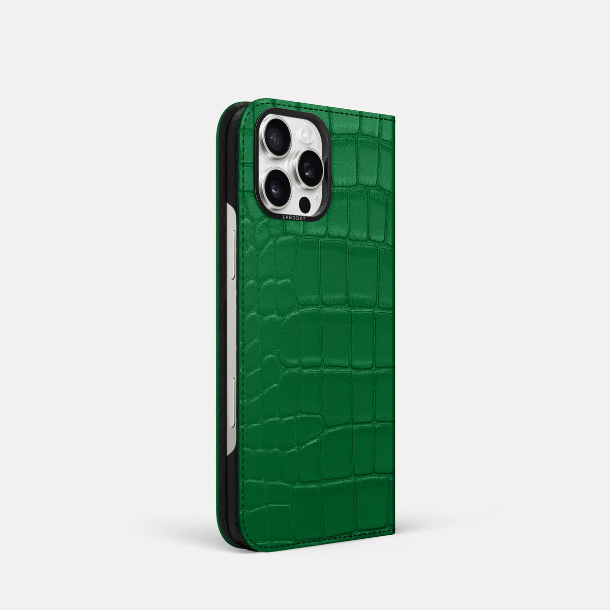 Forest-Green iPhone 16 Pro Folio Case In Alligator with Black Metal -1 | Forest-Green-Black