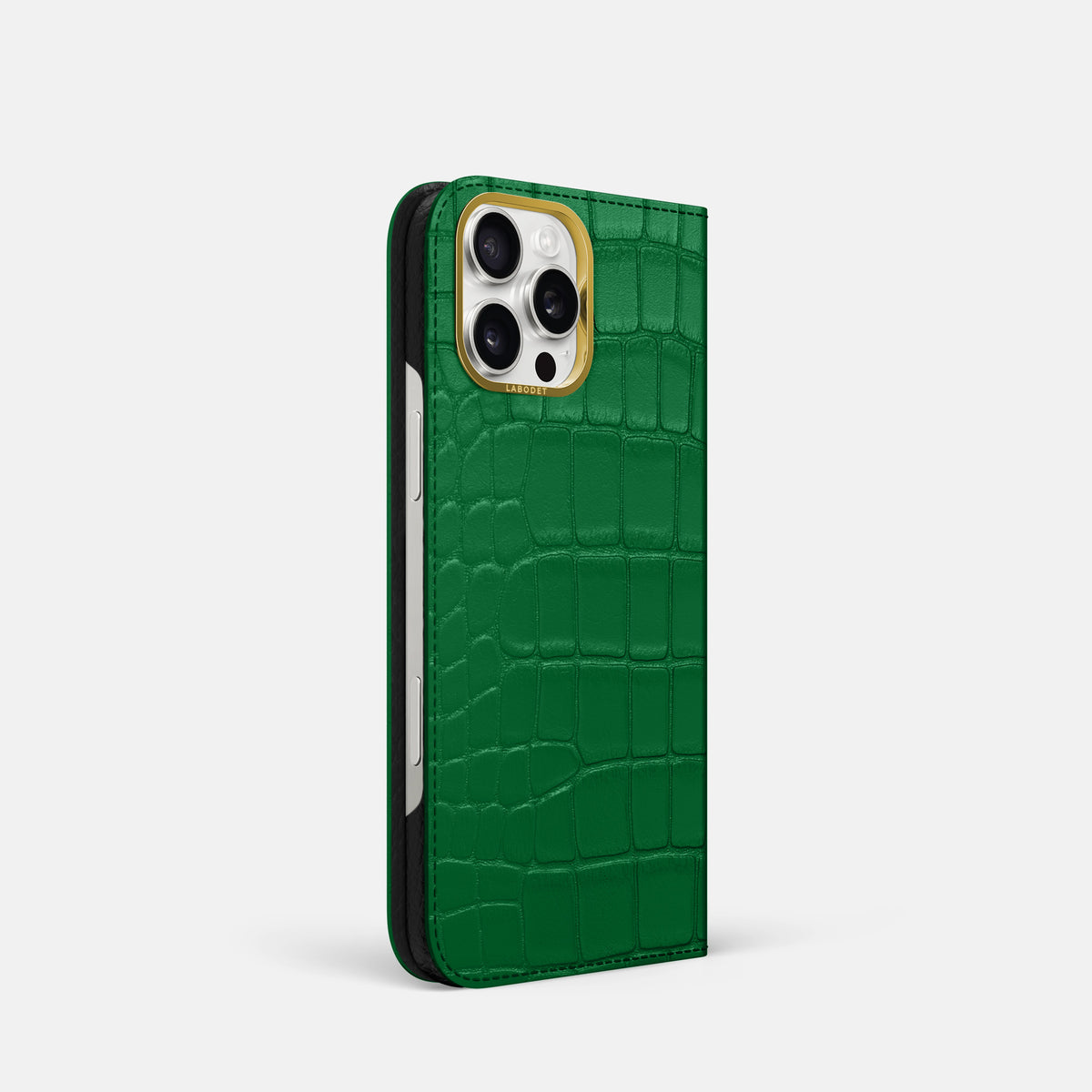 Forest-Green iPhone 16 Pro Folio Case In Alligator with Gold Metal -1 | Forest-Green-Gold