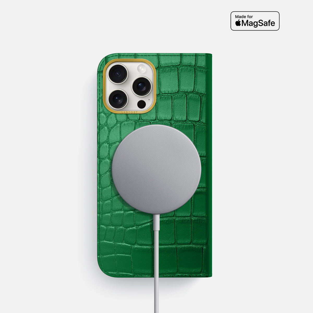 Forest-Green iPhone 16 Pro Folio Case In Alligator with Gold Metal -3 | Forest-Green-Gold
