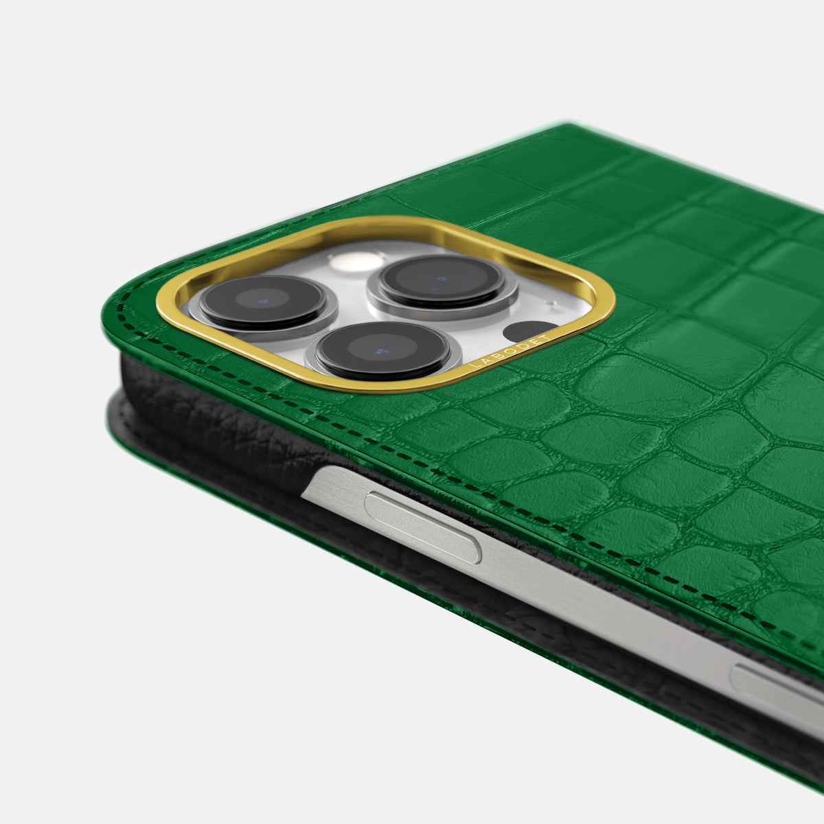 Forest-Green iPhone 16 Pro Folio Case In Alligator with Gold Metal -5 | Forest-Green-Gold