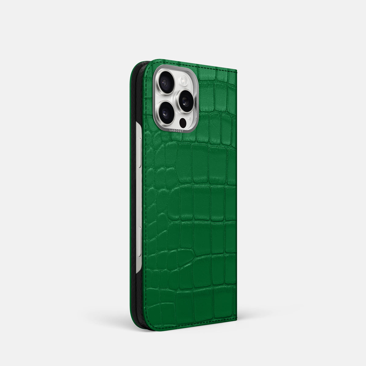 Forest-Green iPhone 16 Pro Folio Case In Alligator with Steel Metal -1 | Forest-Green-Steel