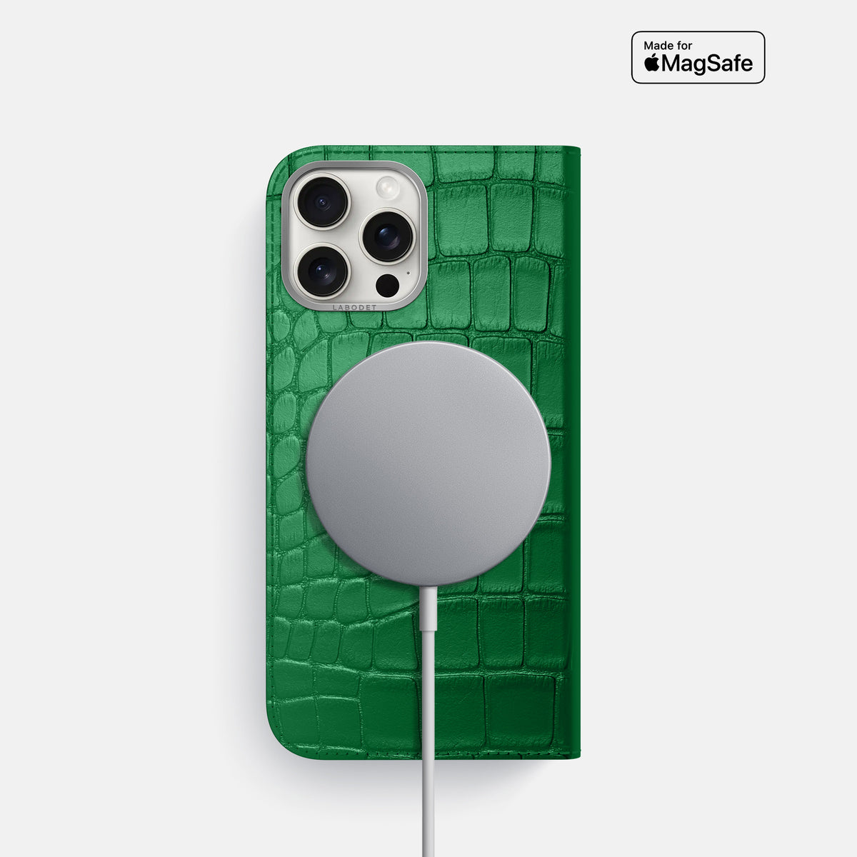 Forest-Green iPhone 16 Pro Folio Case In Alligator with Steel Metal -3 | Forest-Green-Steel