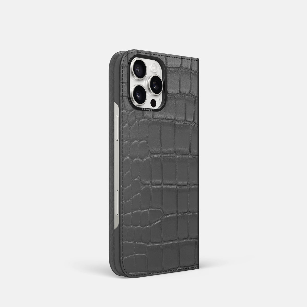 Grey iPhone 16 Pro Folio Case Alligator with Black Metal -1 | Grey-Black