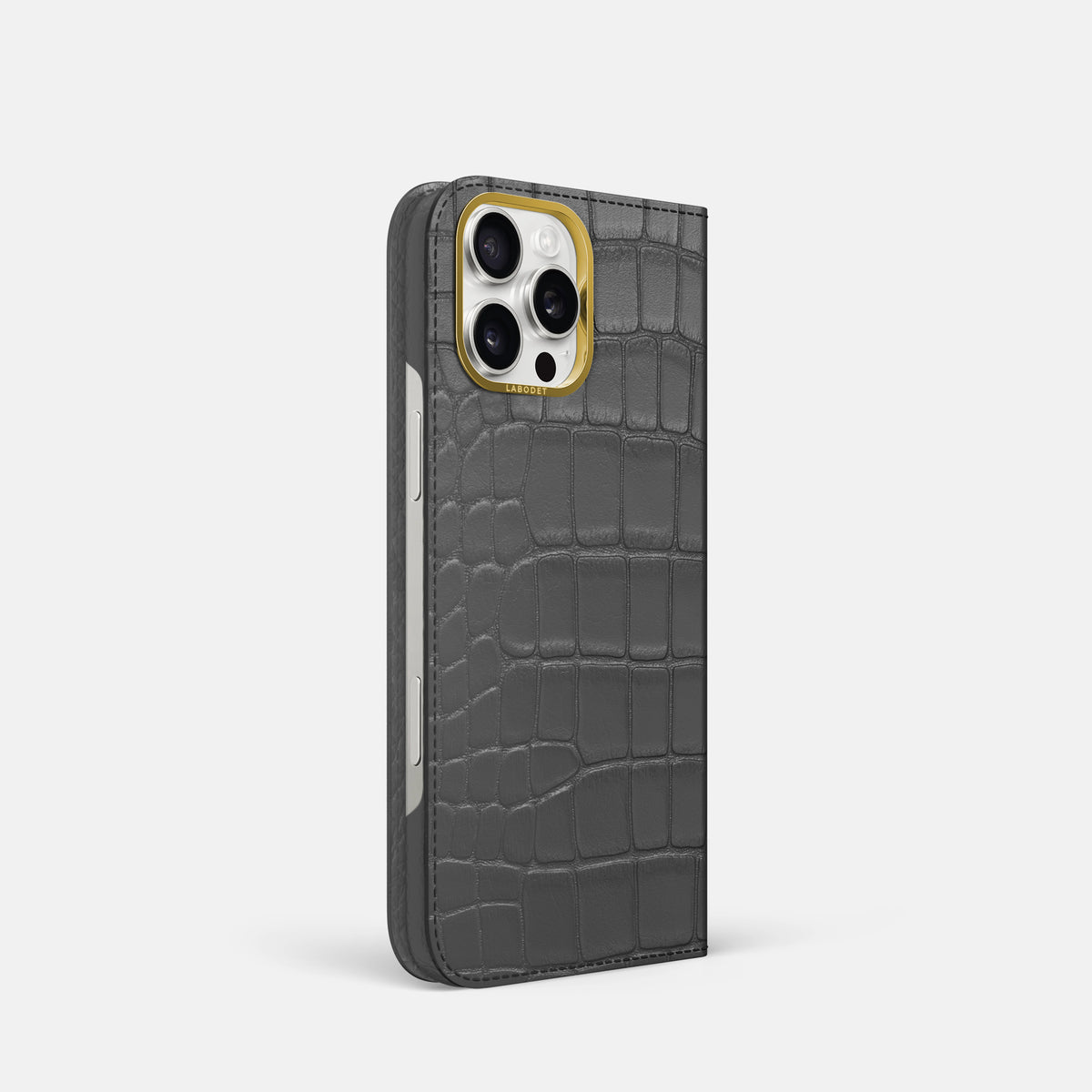 Grey iPhone 16 Pro Folio Case In Alligator with Gold Metal -1 | Grey-Gold