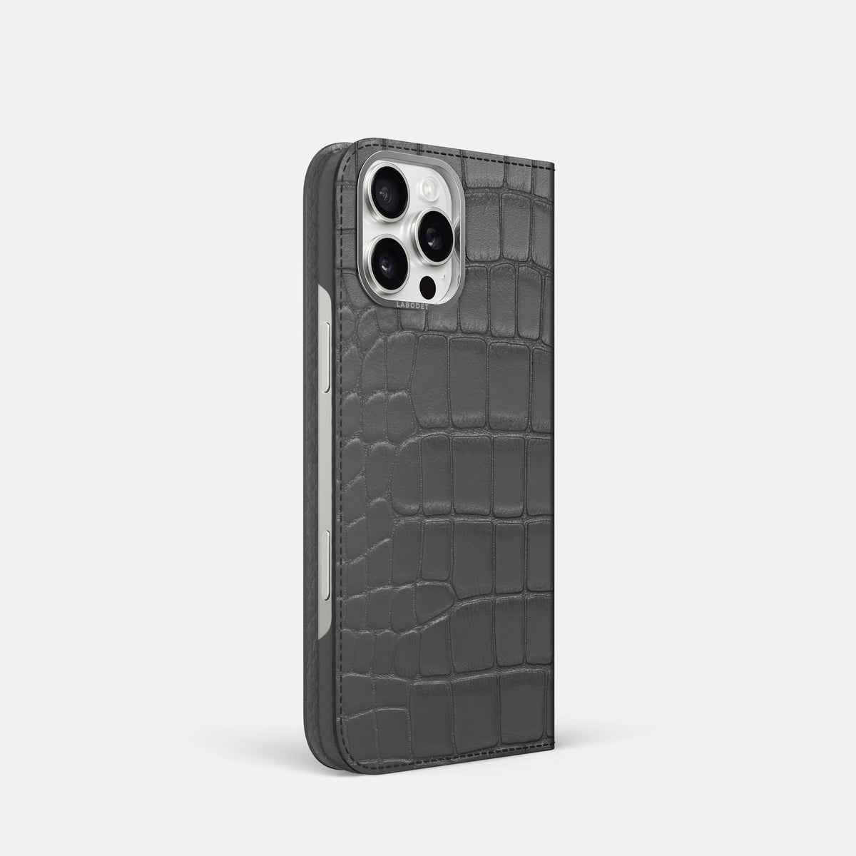 Grey iPhone 16 Pro Folio Case Alligator with Steel Metal -1 | Grey-Steel