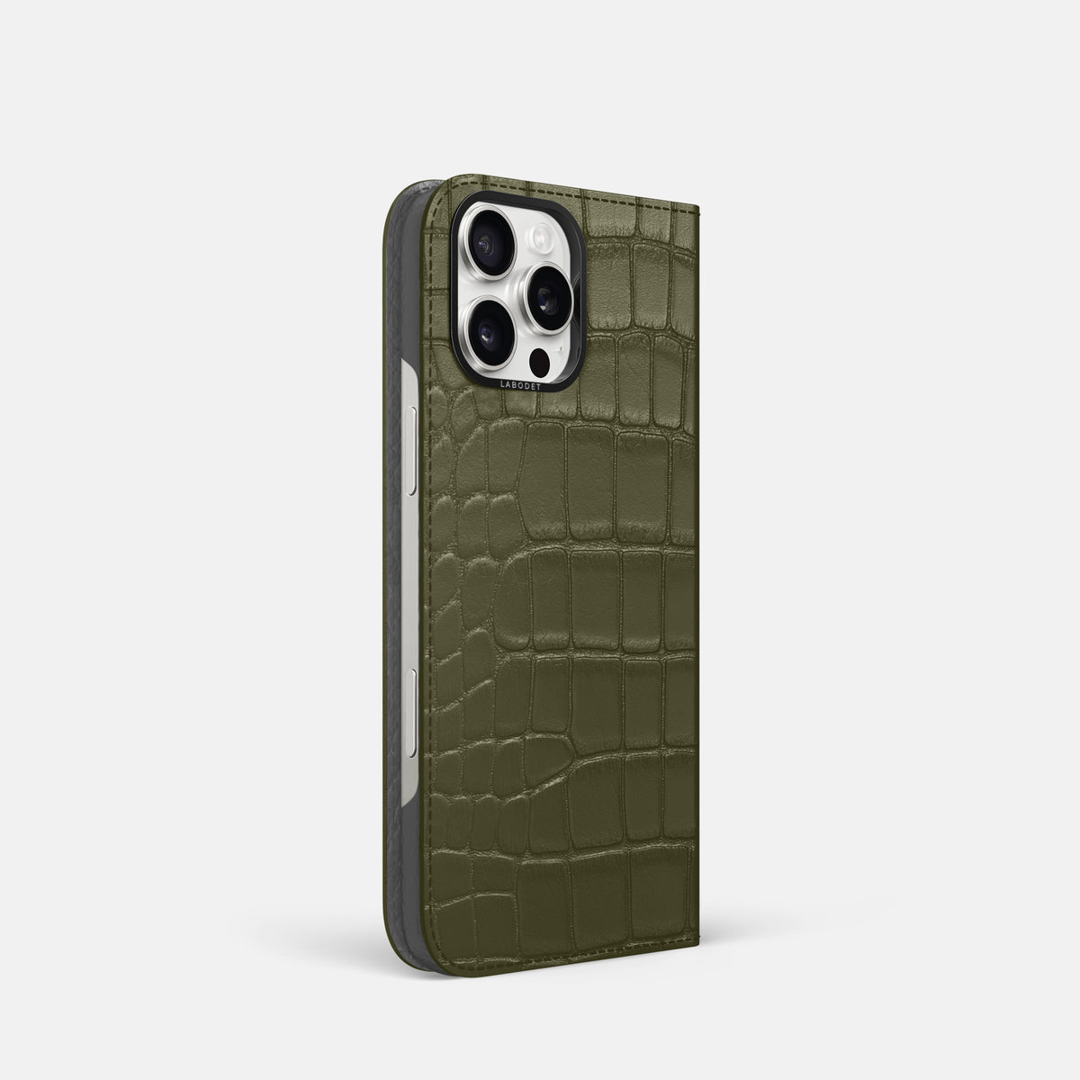 Kaki-Green iPhone 16 Pro Folio Case Alligator with Black Metal -1 | Kaki-Green-Black