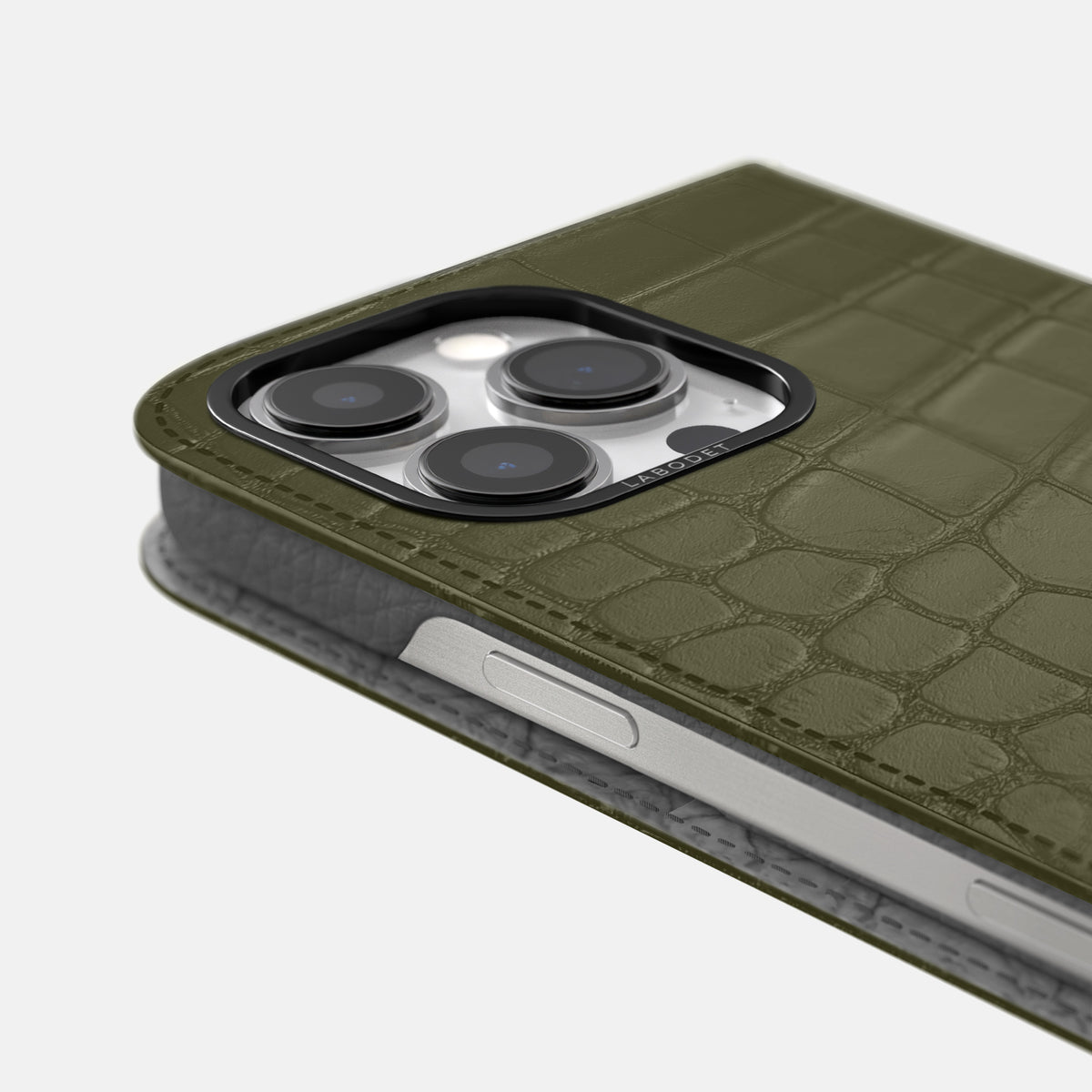 Kaki-Green iPhone 16 Pro Folio Case Alligator with Black Metal -5 | Kaki-Green-Black