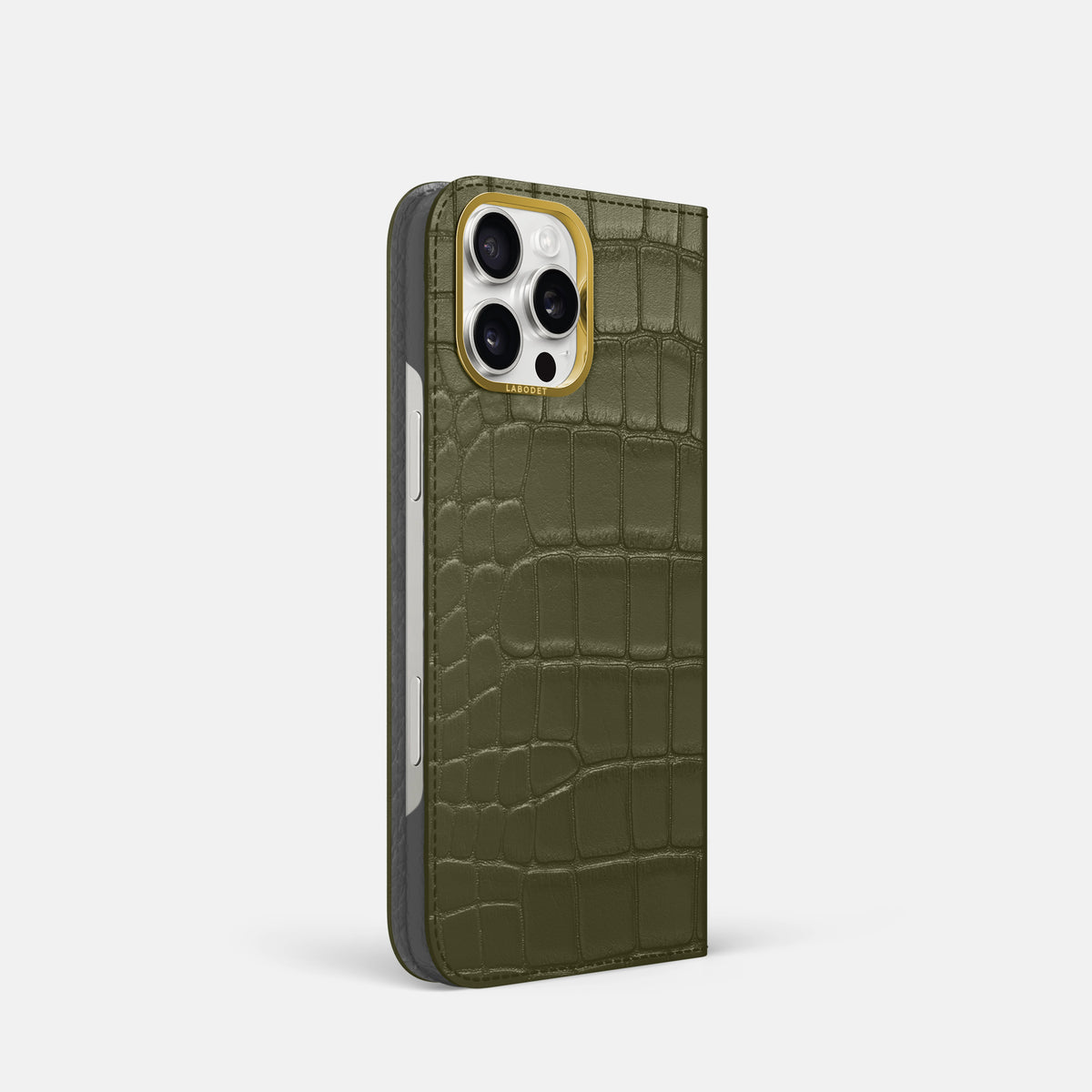 Kaki-Green iPhone 16 Pro Folio Case In Alligator with Gold Metal -1 | Kaki-Green-Gold