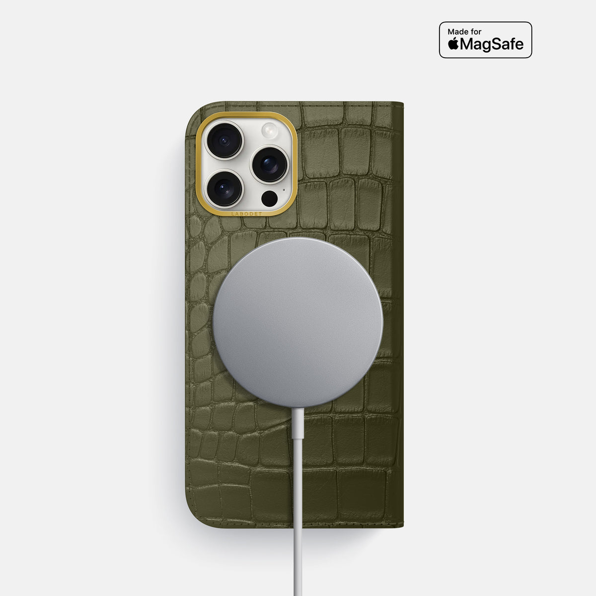Kaki-Green iPhone 16 Pro Folio Case In Alligator with Gold Metal -3 | Kaki-Green-Gold