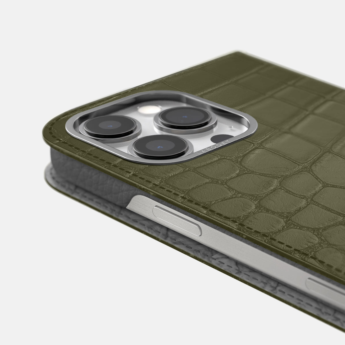 Kaki-Green iPhone 16 Pro Folio Case Alligator with Steel Metal -5 | Kaki-Green-Steel