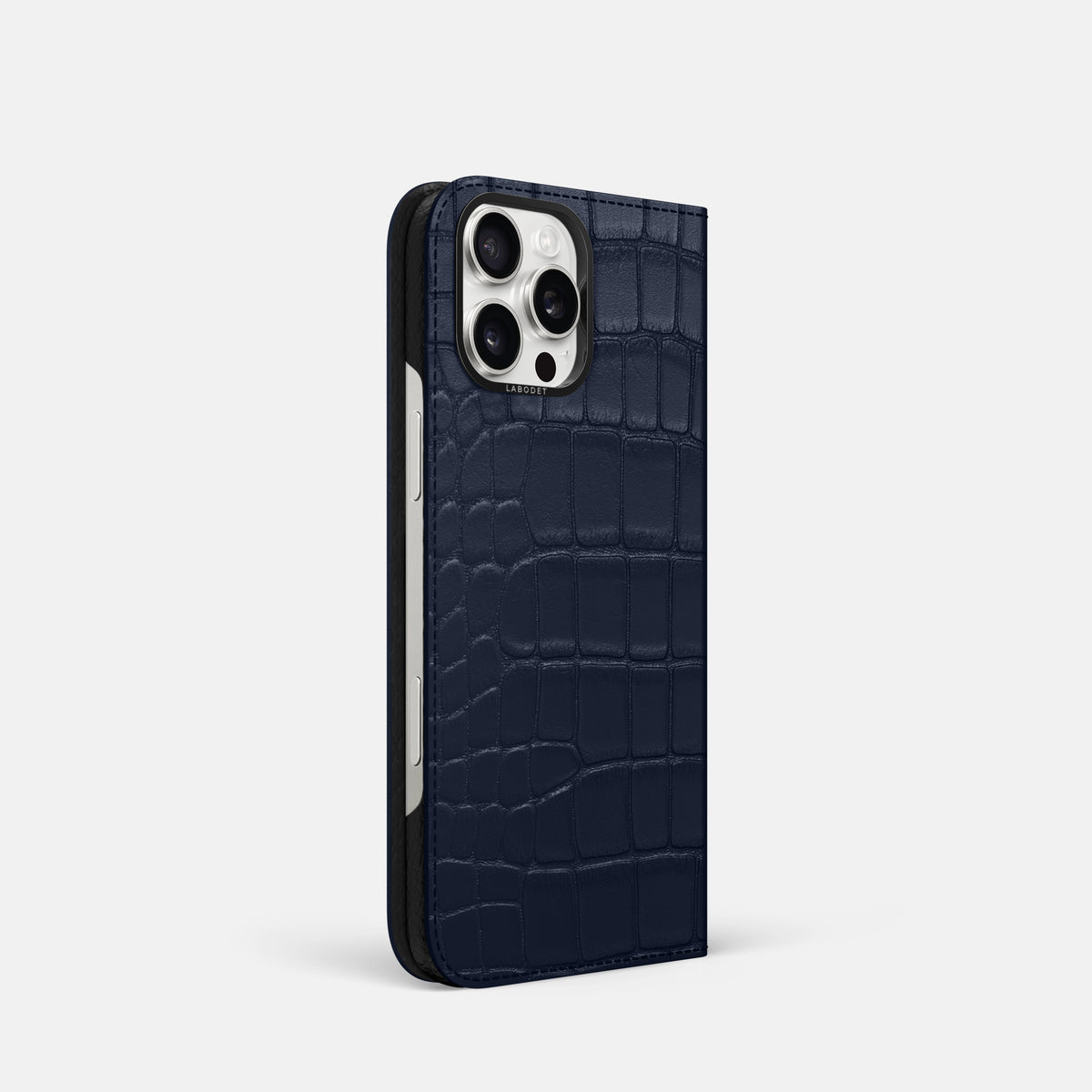 Navy Blue iPhone 16 Pro Folio Case Alligator with Black Metal -1 | Navy-Blue-Black