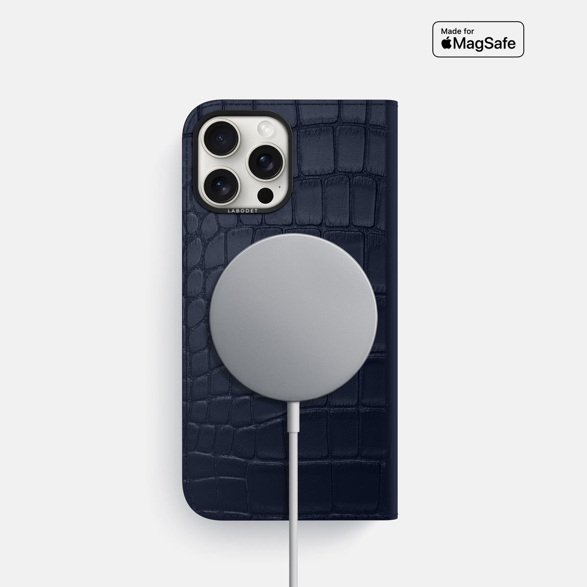 Navy Blue iPhone 16 Pro Folio Case Alligator with Black Metal -3 | Navy-Blue-Black