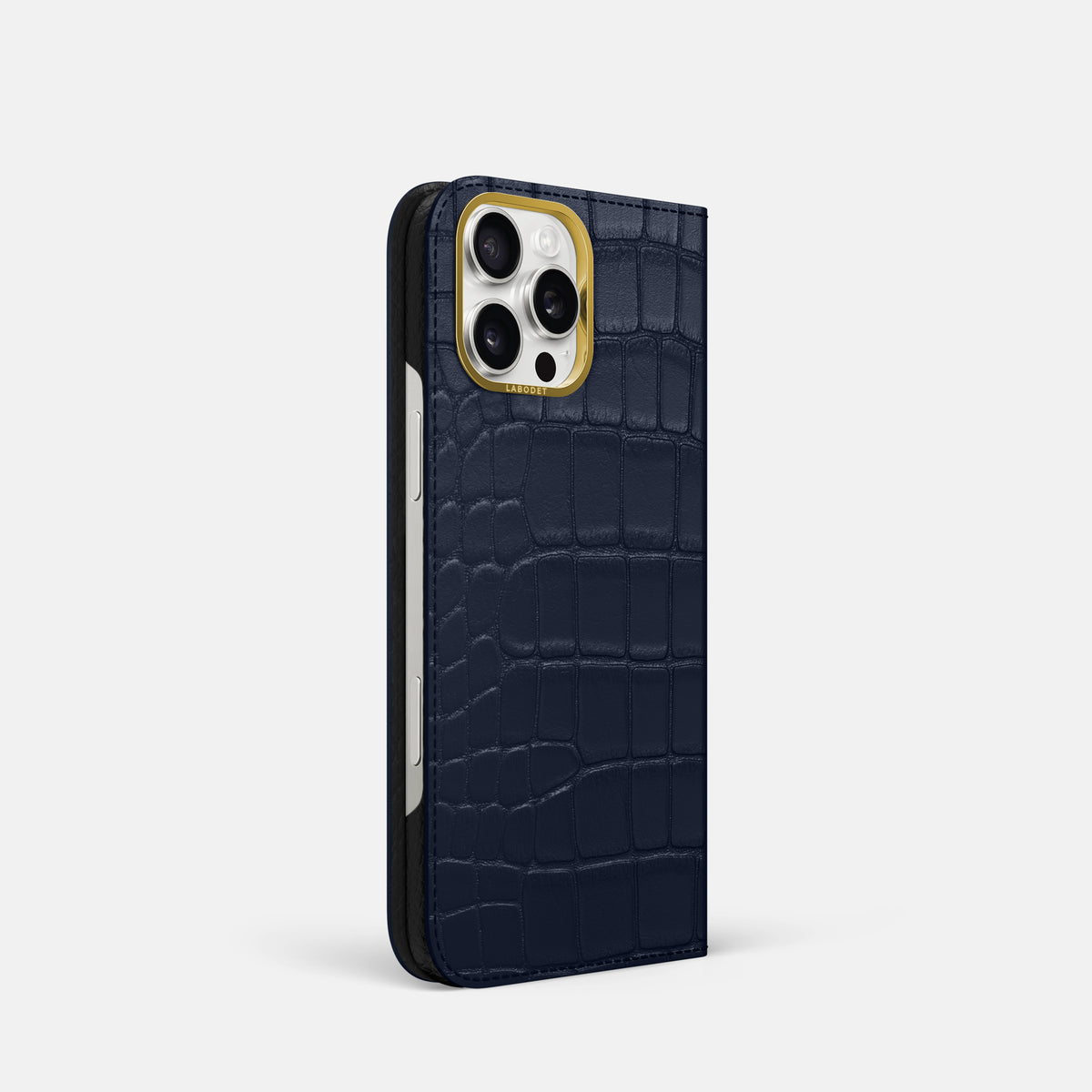 Navy Blue iPhone 16 Pro Folio Case In Alligator with Gold Metal -1 | Navy-Blue-Gold