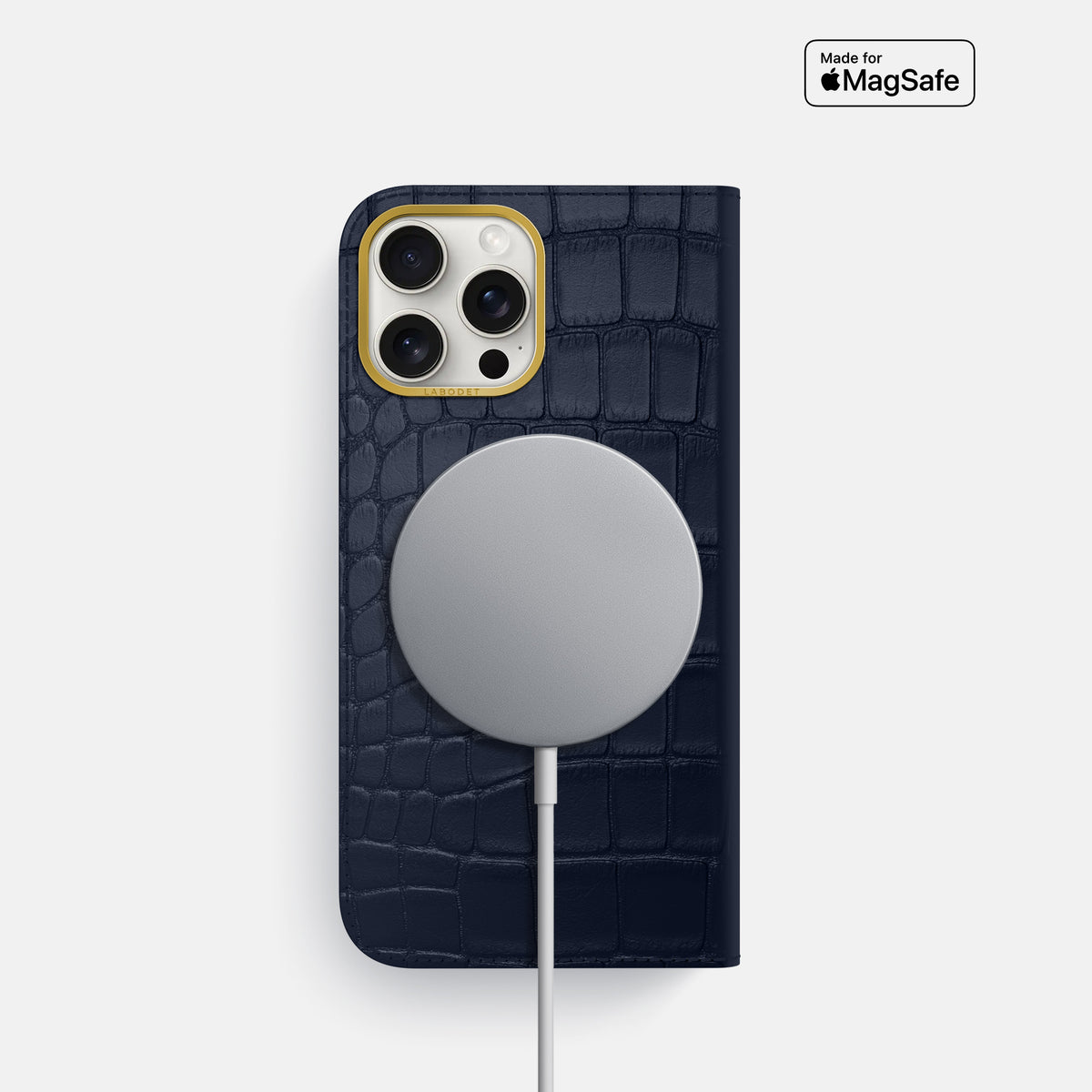 Navy Blue iPhone 16 Pro Folio Case In Alligator with Gold Metal -3 | Navy-Blue-Gold