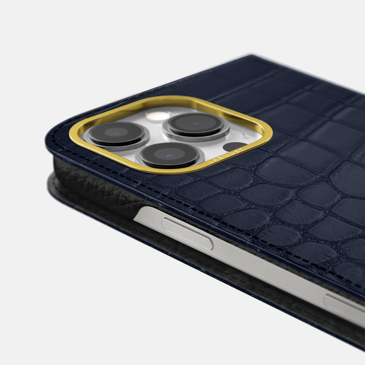 Navy Blue iPhone 16 Pro Folio Case In Alligator with Gold Metal -5 | Navy-Blue-Gold