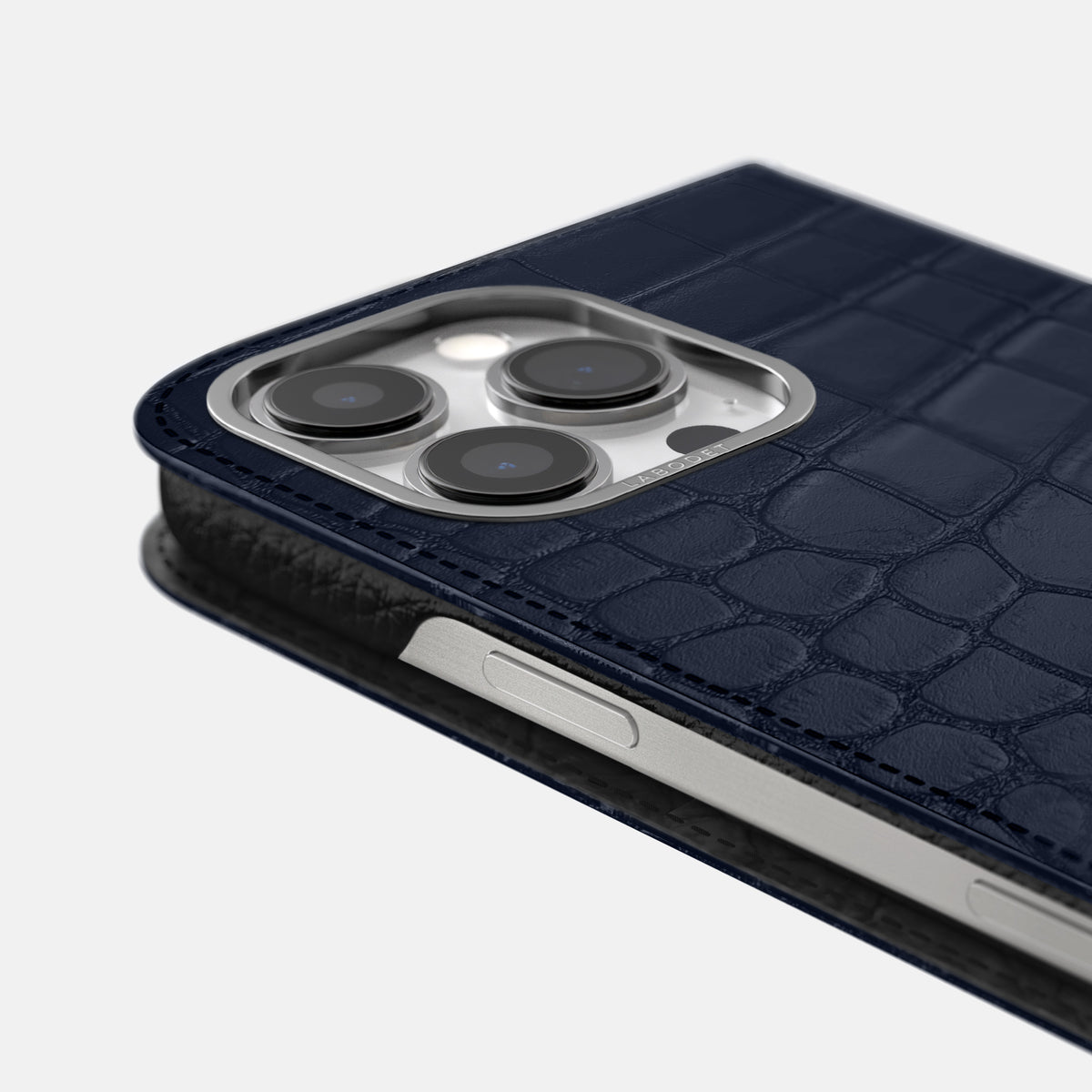 Navy Blue iPhone 16 Pro Folio Case Alligator with Steel Metal -5 | Navy-Blue-Steel