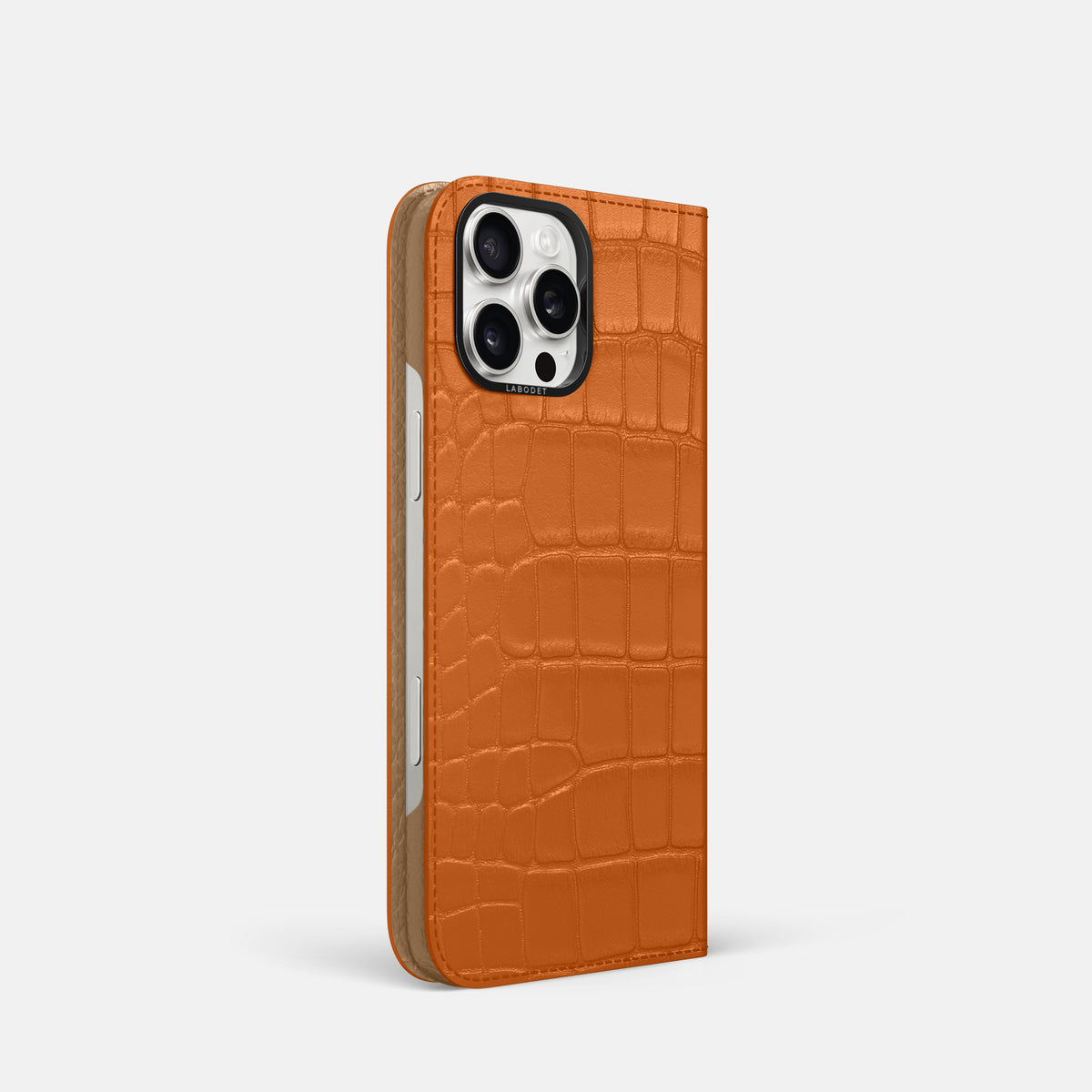 Orange iPhone 16 Pro Folio Case Alligator with Black Metal -1 | Orange-Black