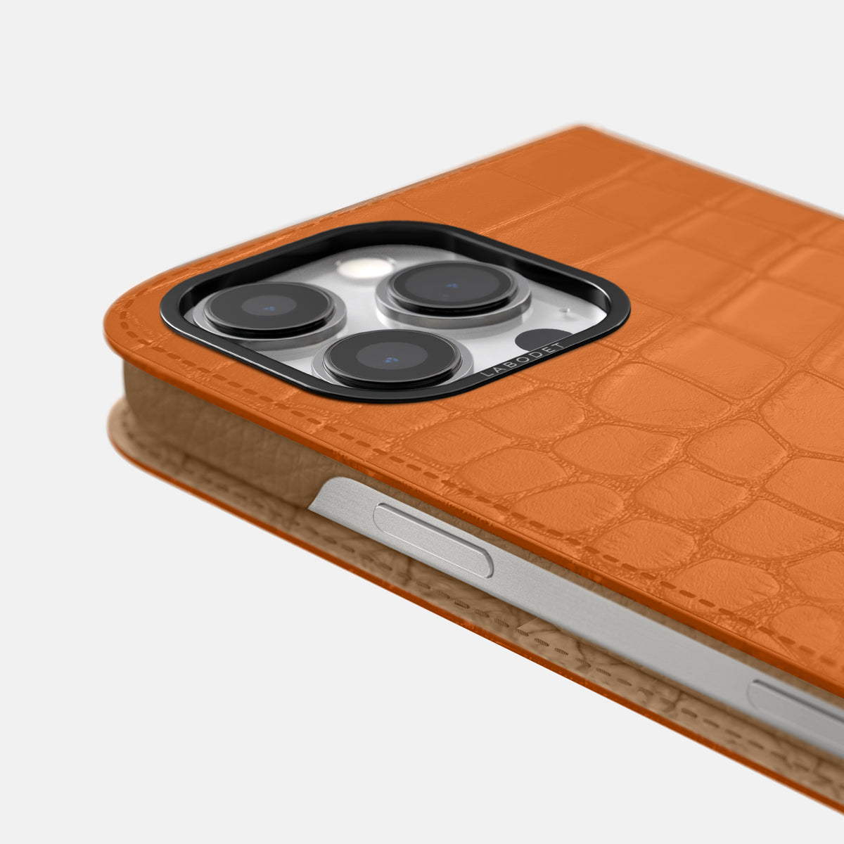 Orange iPhone 16 Pro Folio Case Alligator with Black Metal -5 | Orange-Black