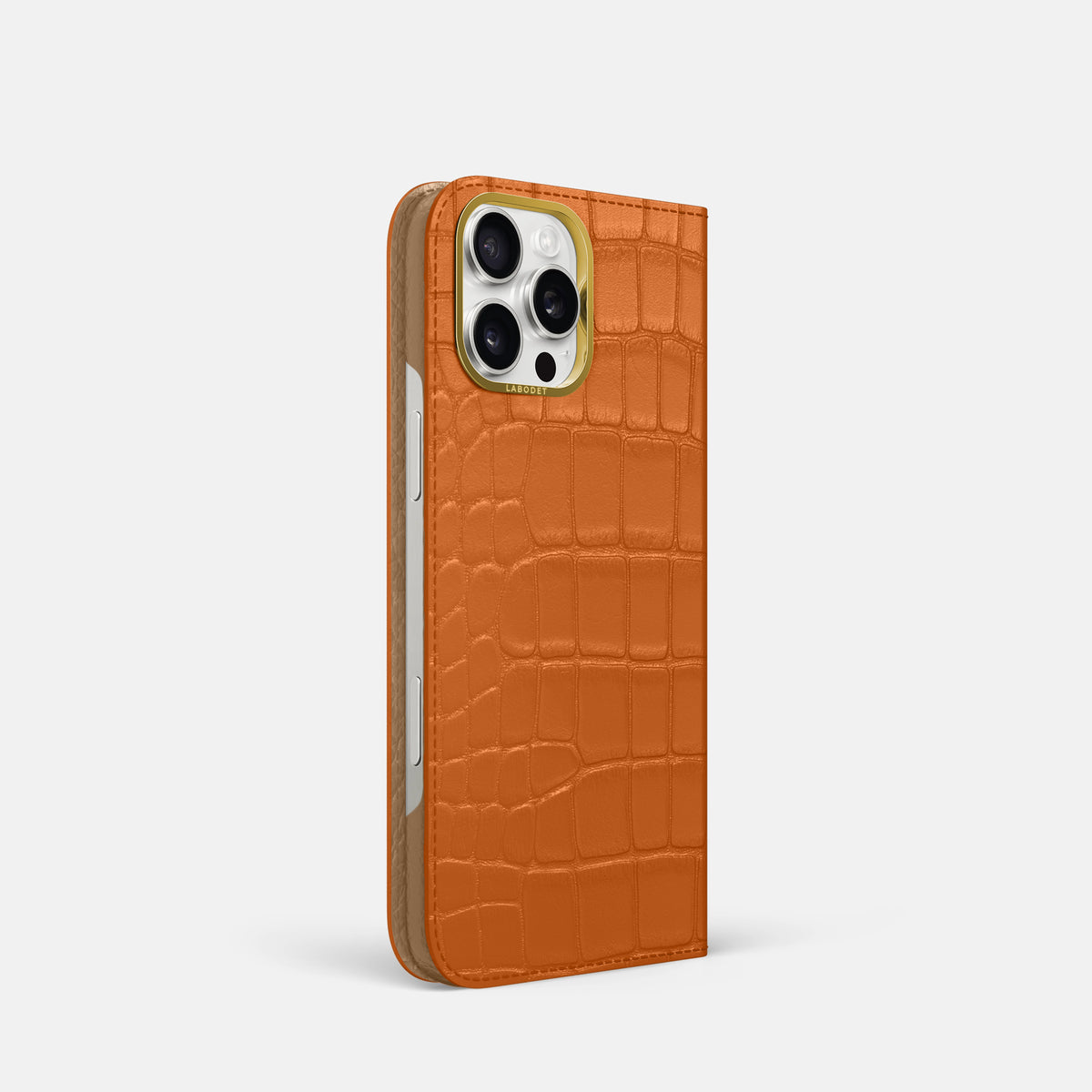 Orange iPhone 16 Pro Folio Case In Alligator with Gold Metal -1 | Orange-Gold