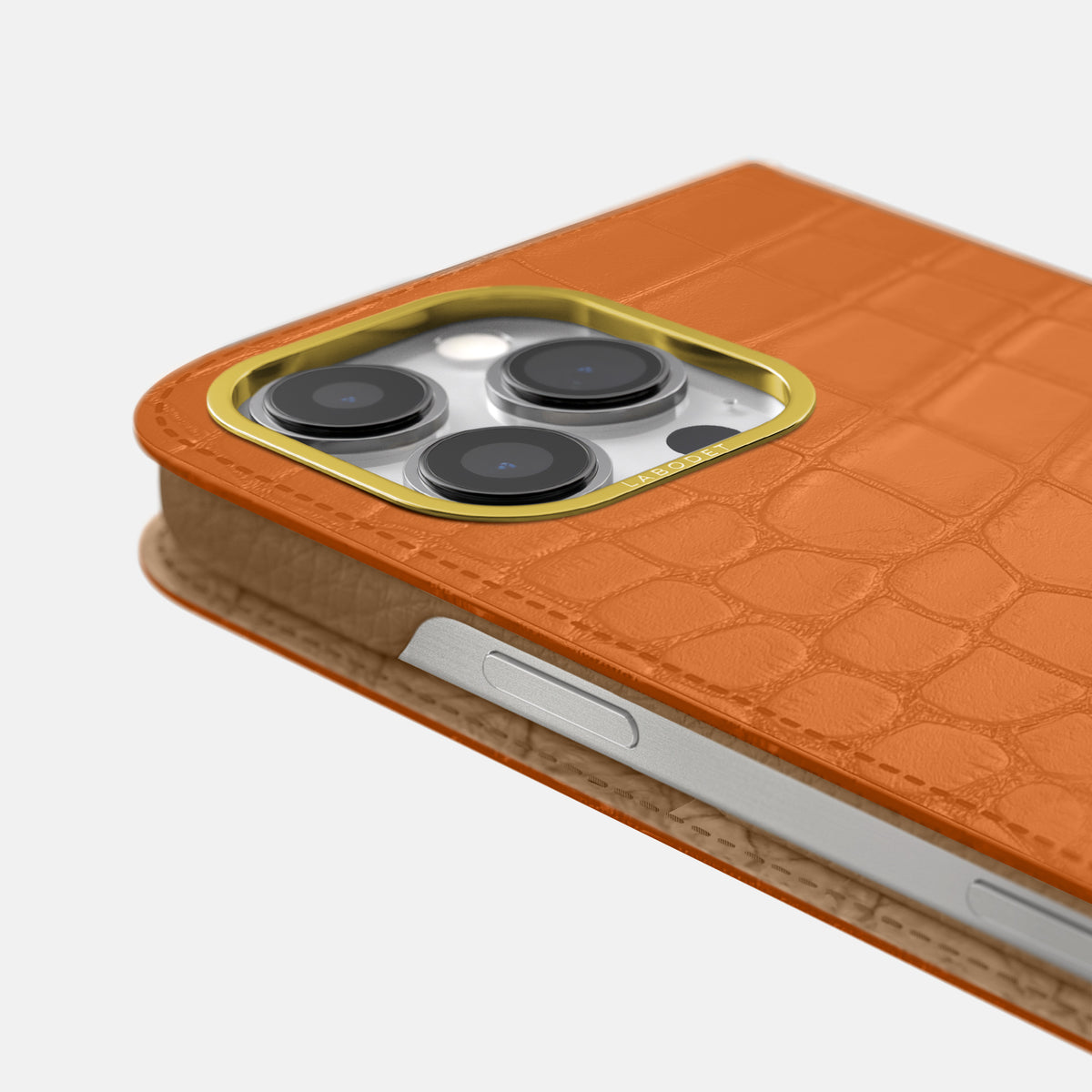 Orange iPhone 16 Pro Folio Case In Alligator with Gold Metal -5 | Orange-Gold