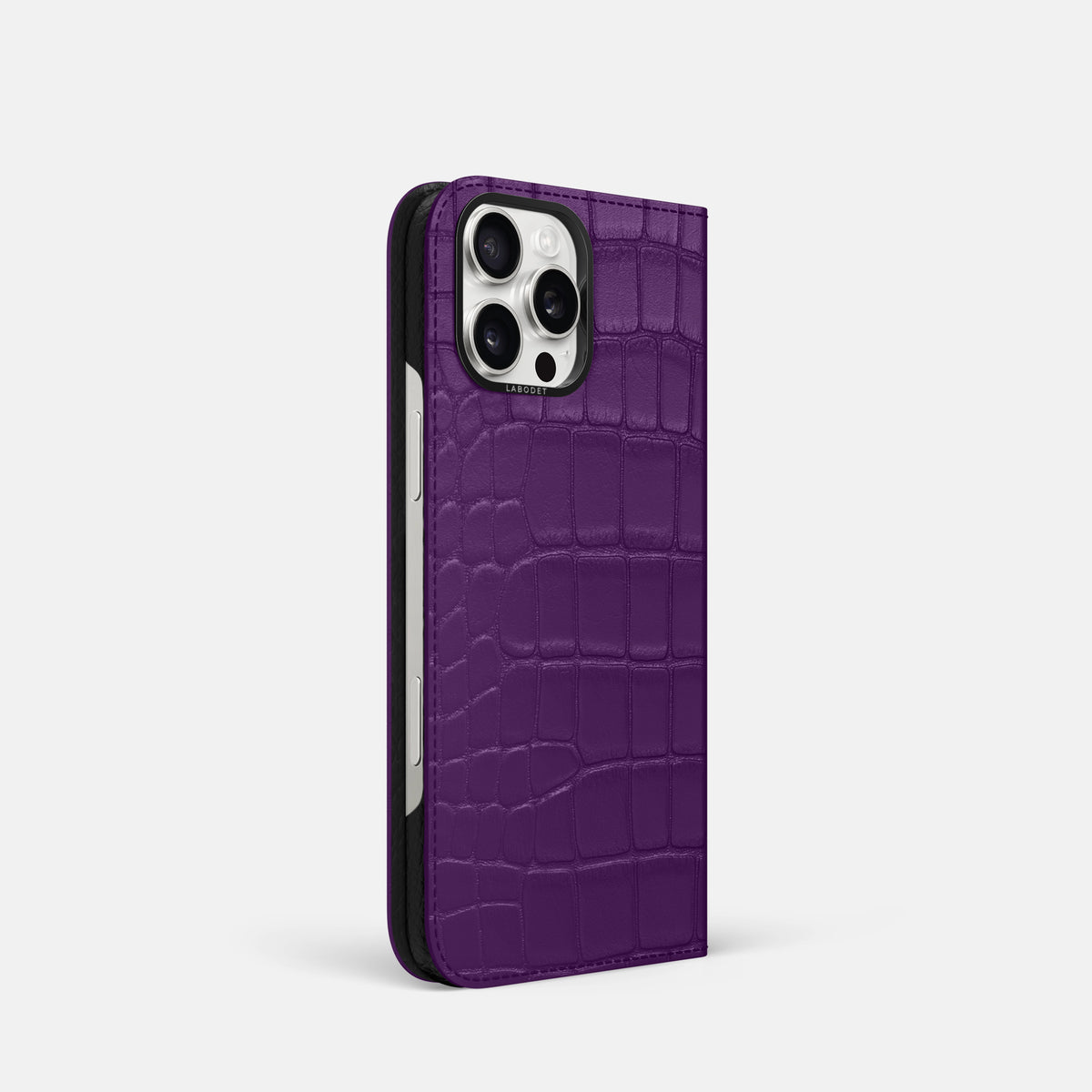 Purple iPhone 16 Pro Folio Case Alligator with Black Metal -1 | Purple-Black