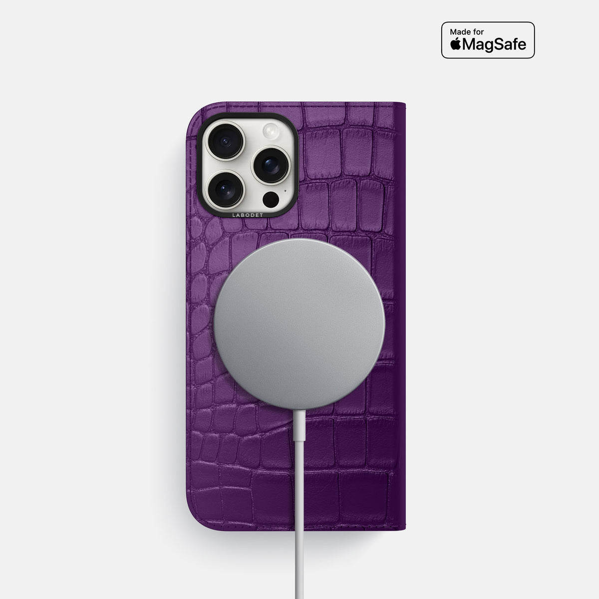 Purple iPhone 16 Pro Folio Case Alligator with Black Metal -3 | Purple-Black