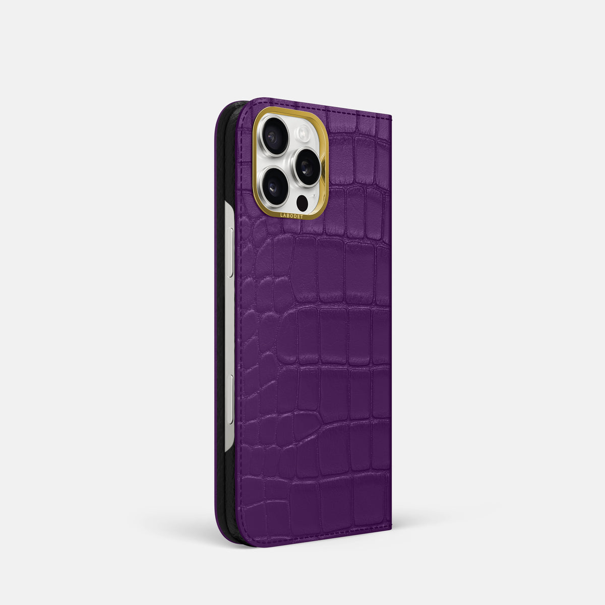 Purple iPhone 16 Pro Folio Case In Alligator with Gold Metal -1 | Purple-Gold