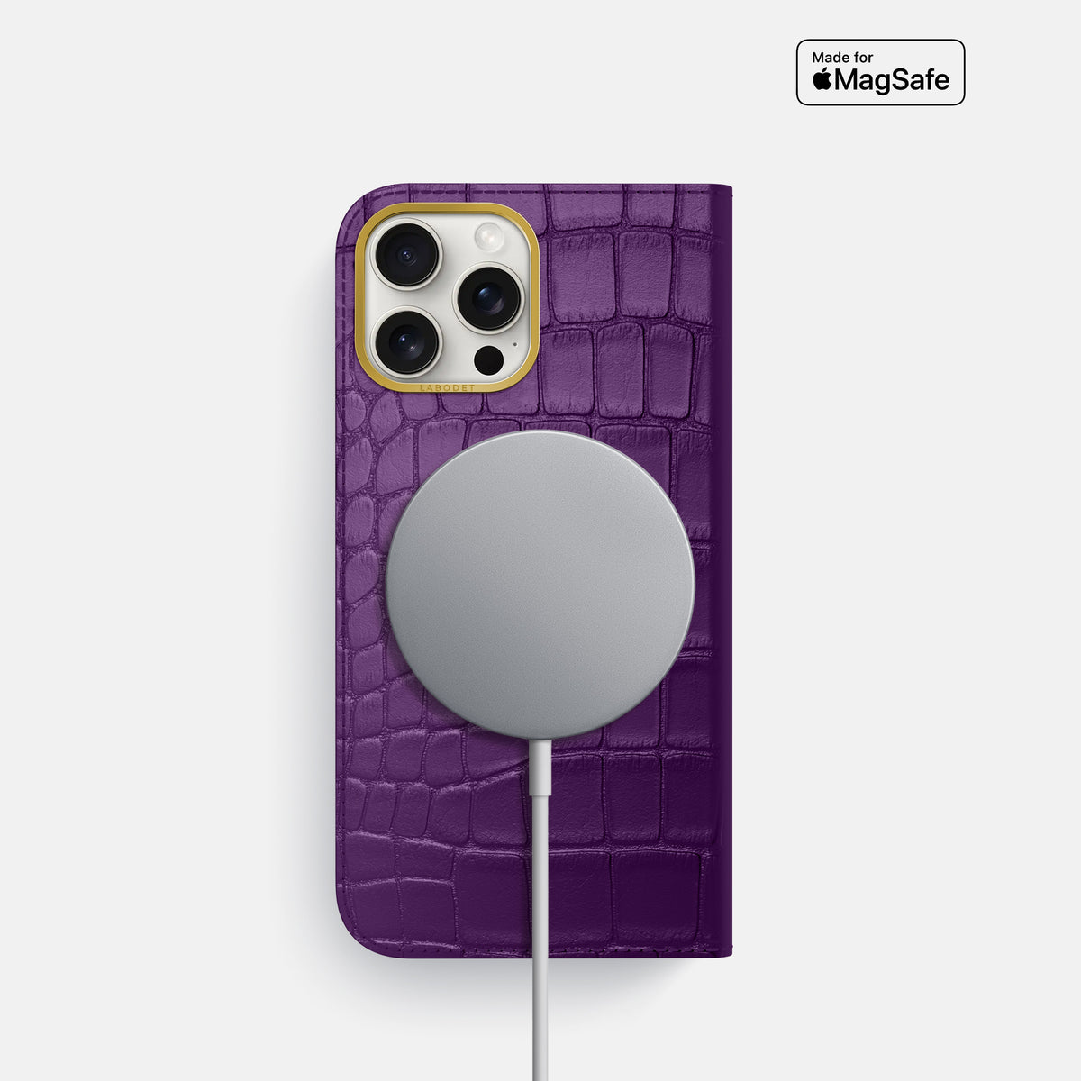 Purple iPhone 16 Pro Folio Case In Alligator with Gold Metal -3 | Purple-Gold
