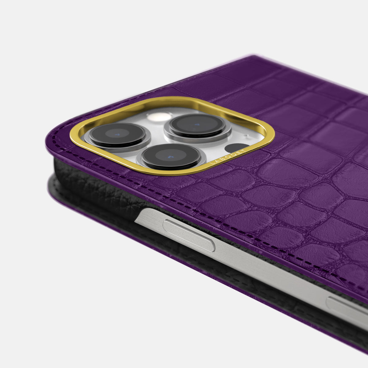 Purple iPhone 16 Pro Folio Case In Alligator with Gold Metal -5 | Purple-Gold