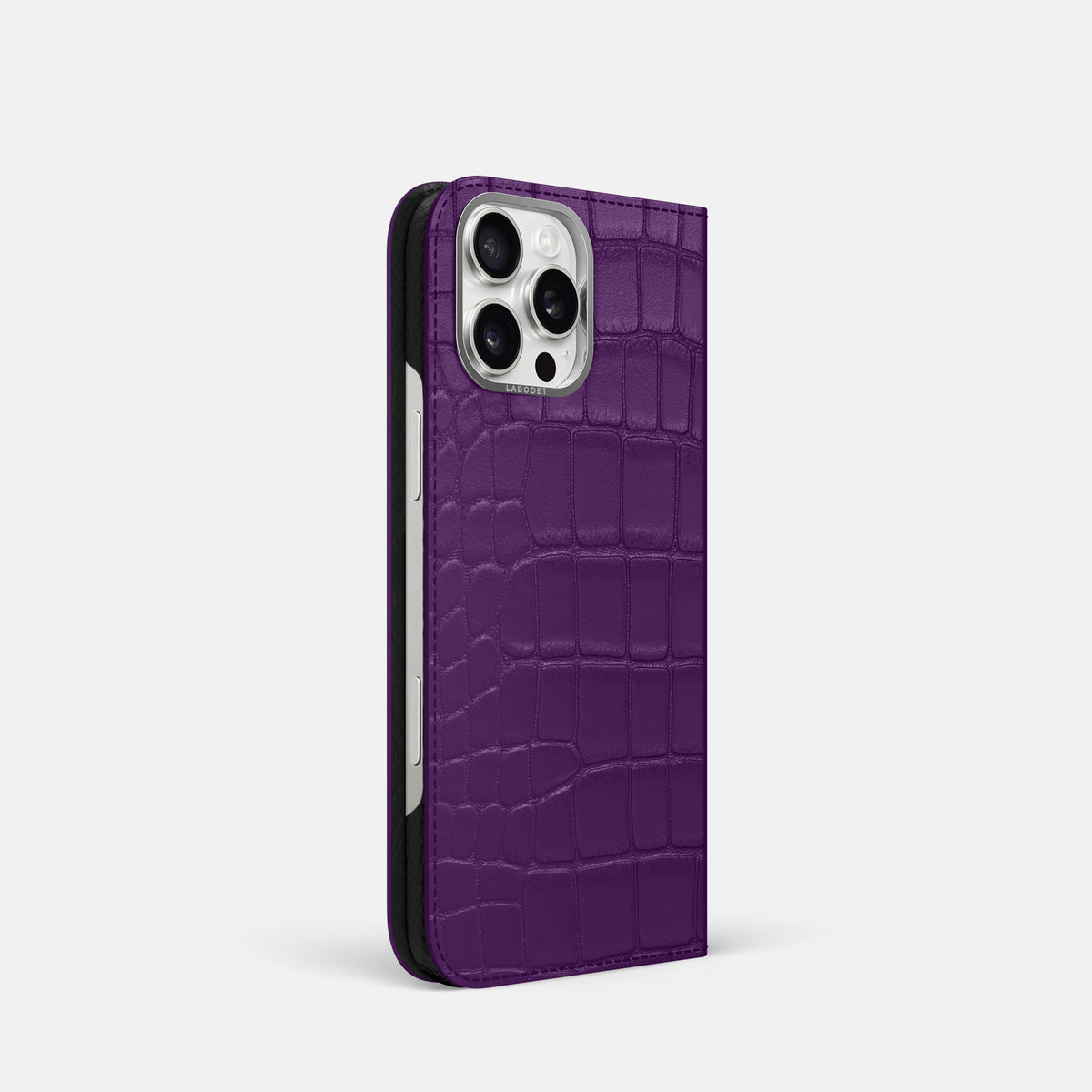 Purple iPhone 16 Pro Folio Case Alligator with Steel Metal -1 | Purple-Steel