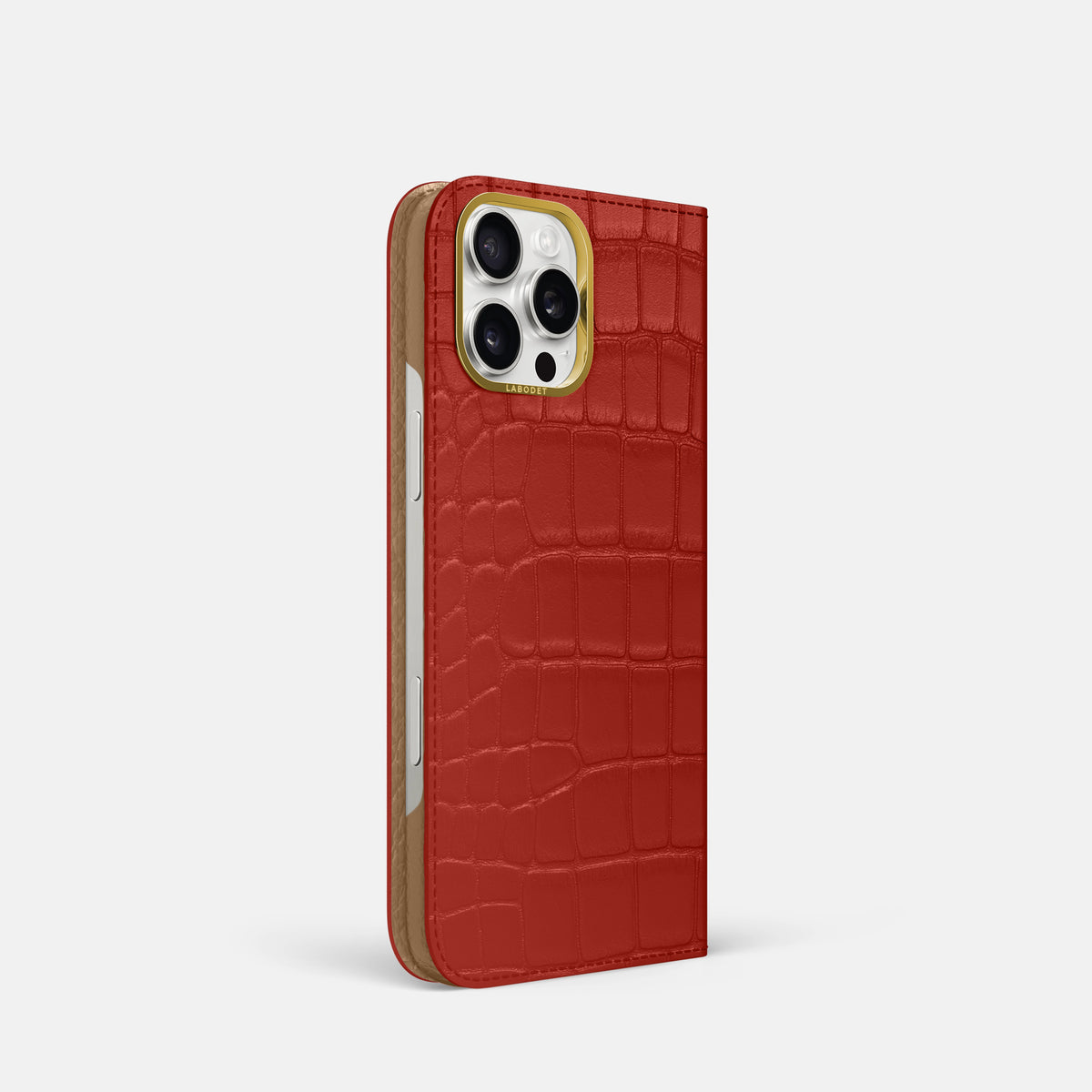 Red iPhone 16 Pro Folio Case In Alligator with Gold Metal -1 | Red-Gold