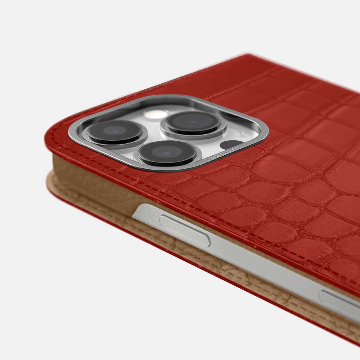 Red iPhone 16 Pro Folio Case Alligator with Steel Metal -5 | Red-Steel