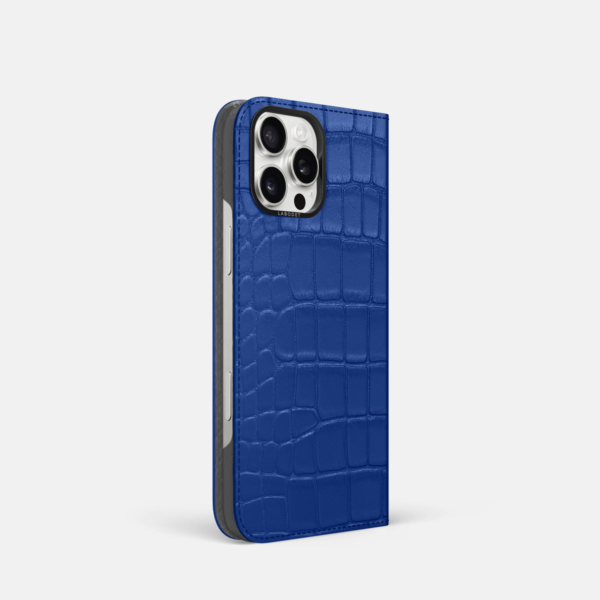 Royal Blue iPhone 16 Pro Folio Case Alligator with Black Metal -1 | Royal-Blue-Black