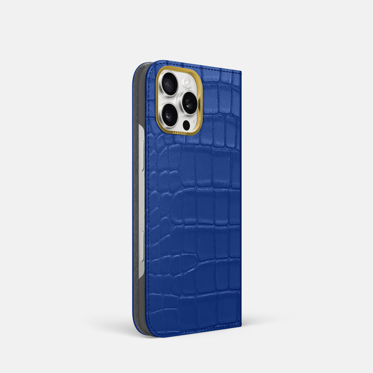 Royal Blue iPhone 16 Pro Folio Case In Alligator with Gold Metal -1 | Royal-Blue-Gold