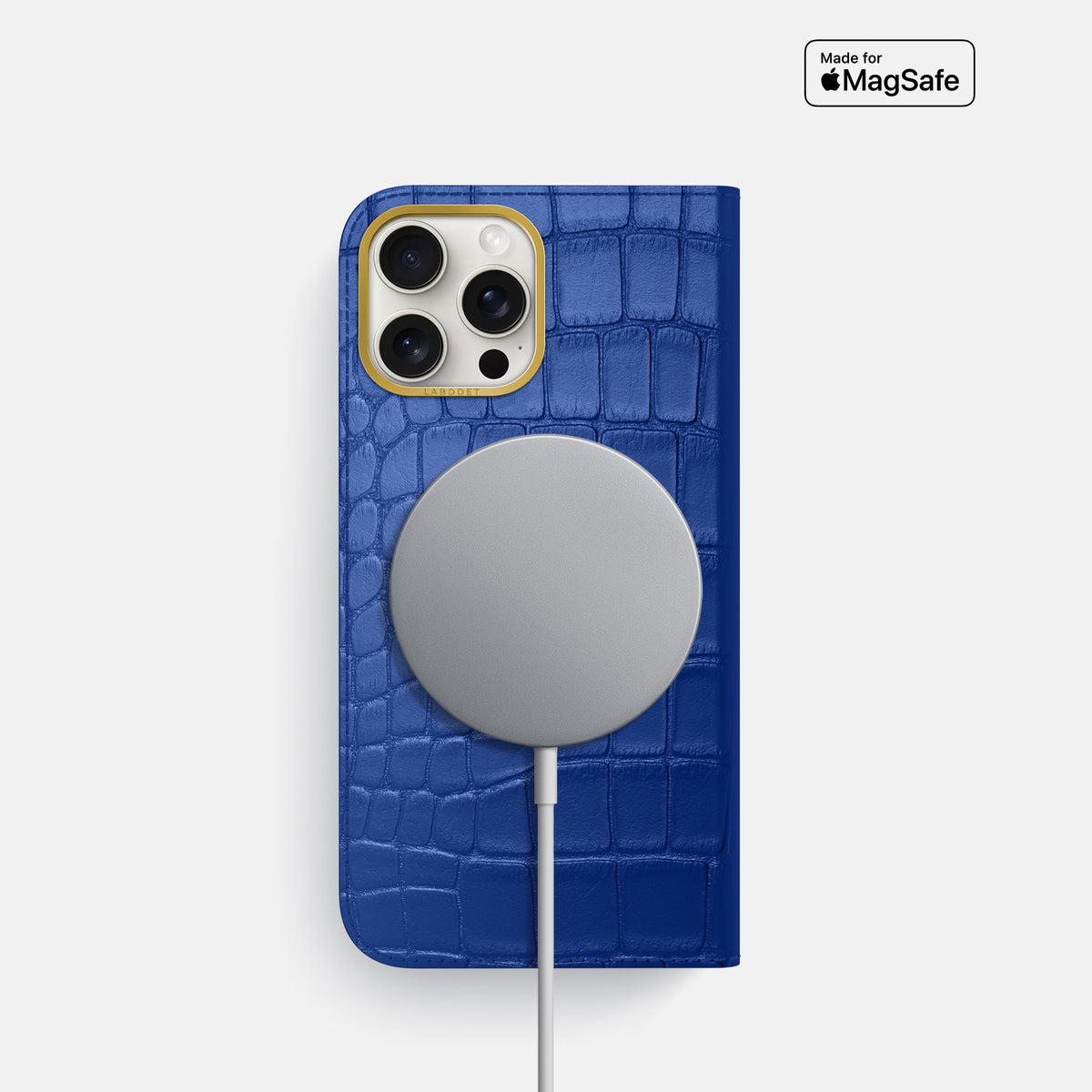 Royal Blue iPhone 16 Pro Folio Case In Alligator with Gold Metal -3 | Royal-Blue-Gold